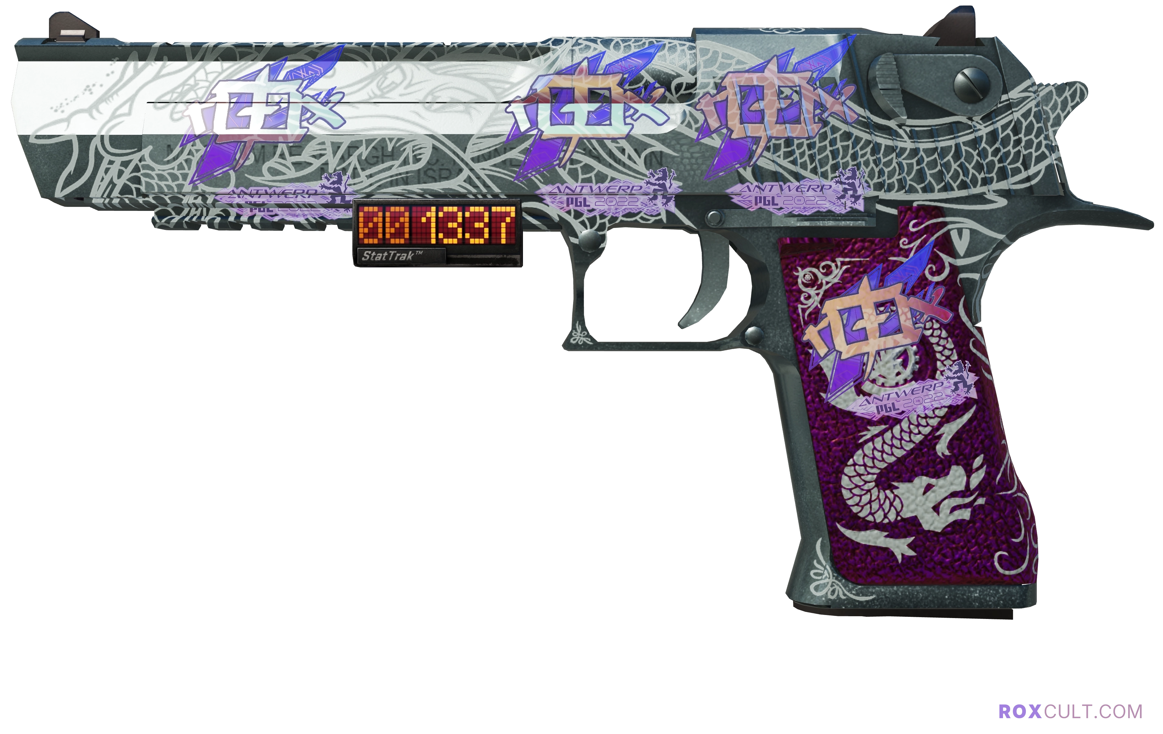 StatTrak™ Desert Eagle | Kumicho Dragon (Factory New) — rox (Holo) Antwerp 2022 craft, playside view with 4 rox (Holo) stickers