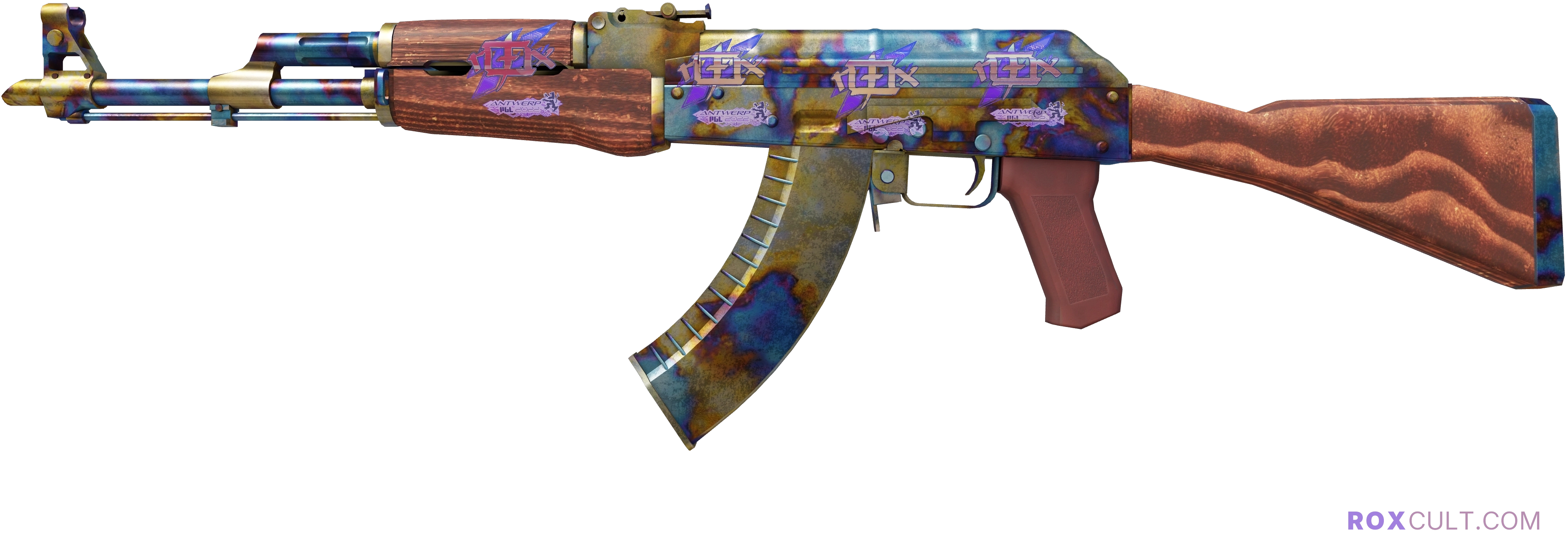 AK-47 | Case Hardened (Well-Worn) — rox (Holo) Antwerp 2022 craft, playside view with 4 rox (Holo) stickers