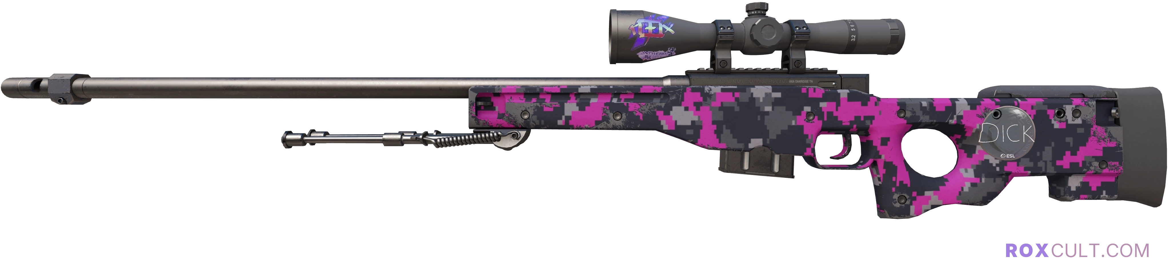 AWP | Pink DDPAT (Field-Tested) — rox (Holo) Antwerp 2022 craft, playside view with 1 rox (Holo) sticker