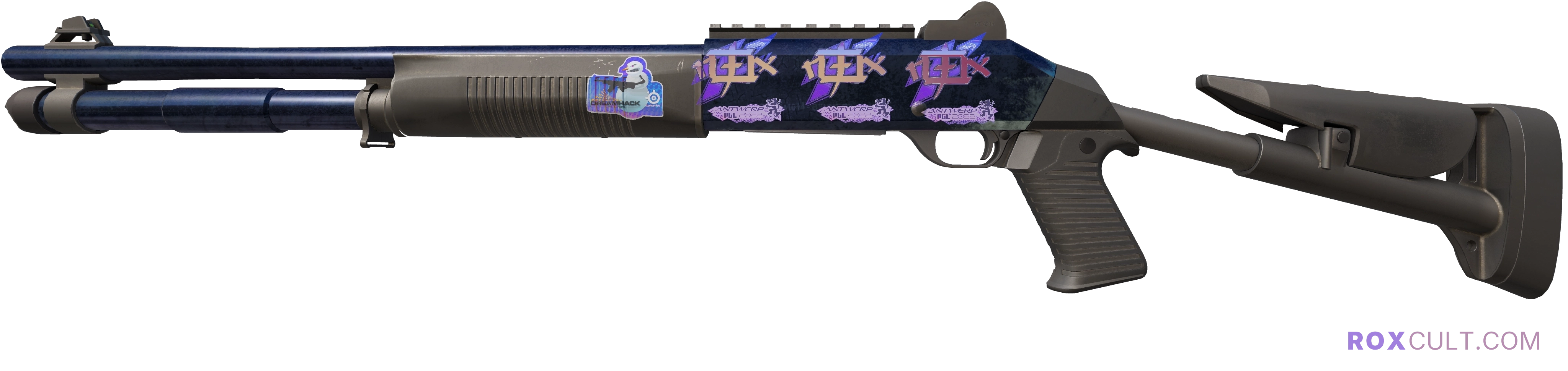 Souvenir XM1014 | Blue Steel (Battle-Scarred) — rox (Holo) Antwerp 2022 craft, playside view with 3 rox (Holo) stickers