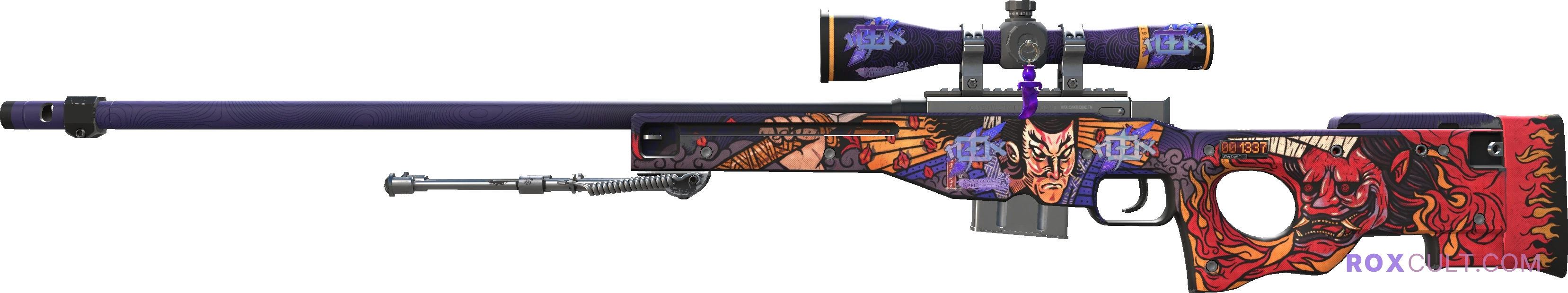 StatTrak™ AWP | Oni Taiji (Factory New) — rox (Holo) Antwerp 2022 craft, playside view with 4 rox (Holo) stickers
