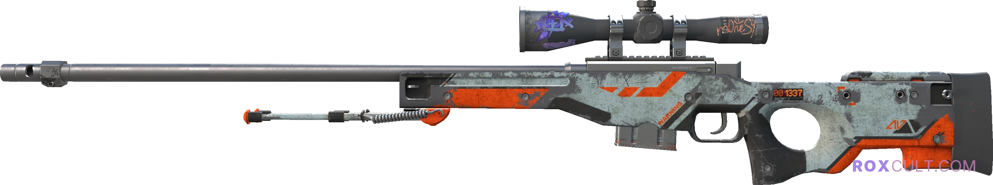 StatTrak™ AWP | Asiimov (Battle-Scarred) — rox (Holo) Antwerp 2022 craft, playside view with 1 rox (Holo) sticker