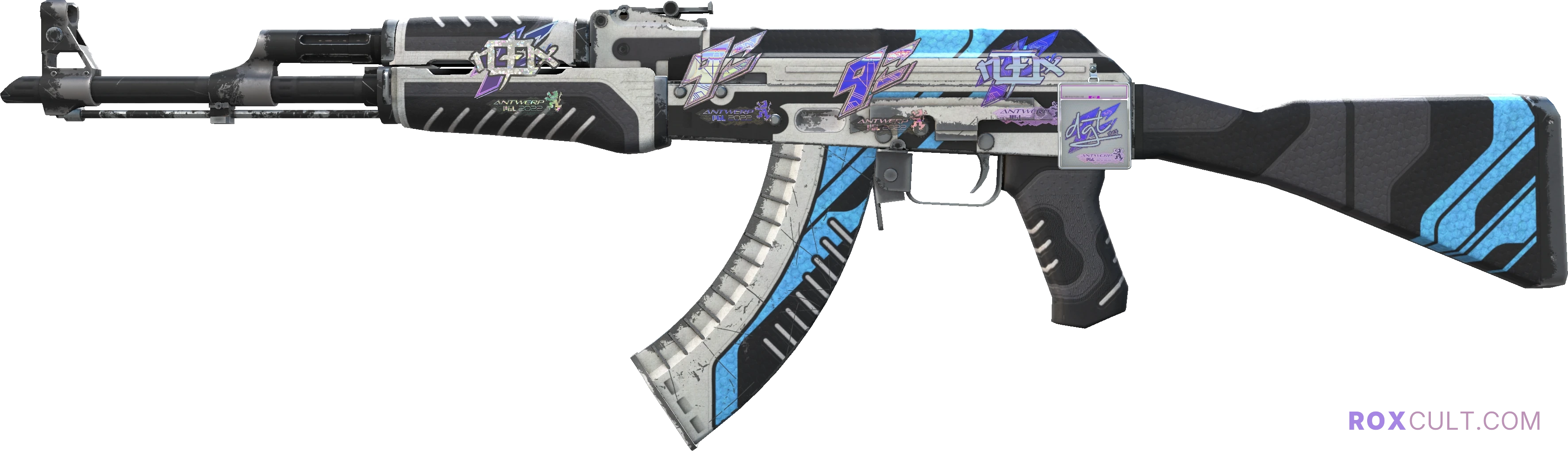 AK-47 | Vulcan (Field-Tested) — rox (Holo) Antwerp 2022 craft, playside view with 1 rox (Holo) sticker