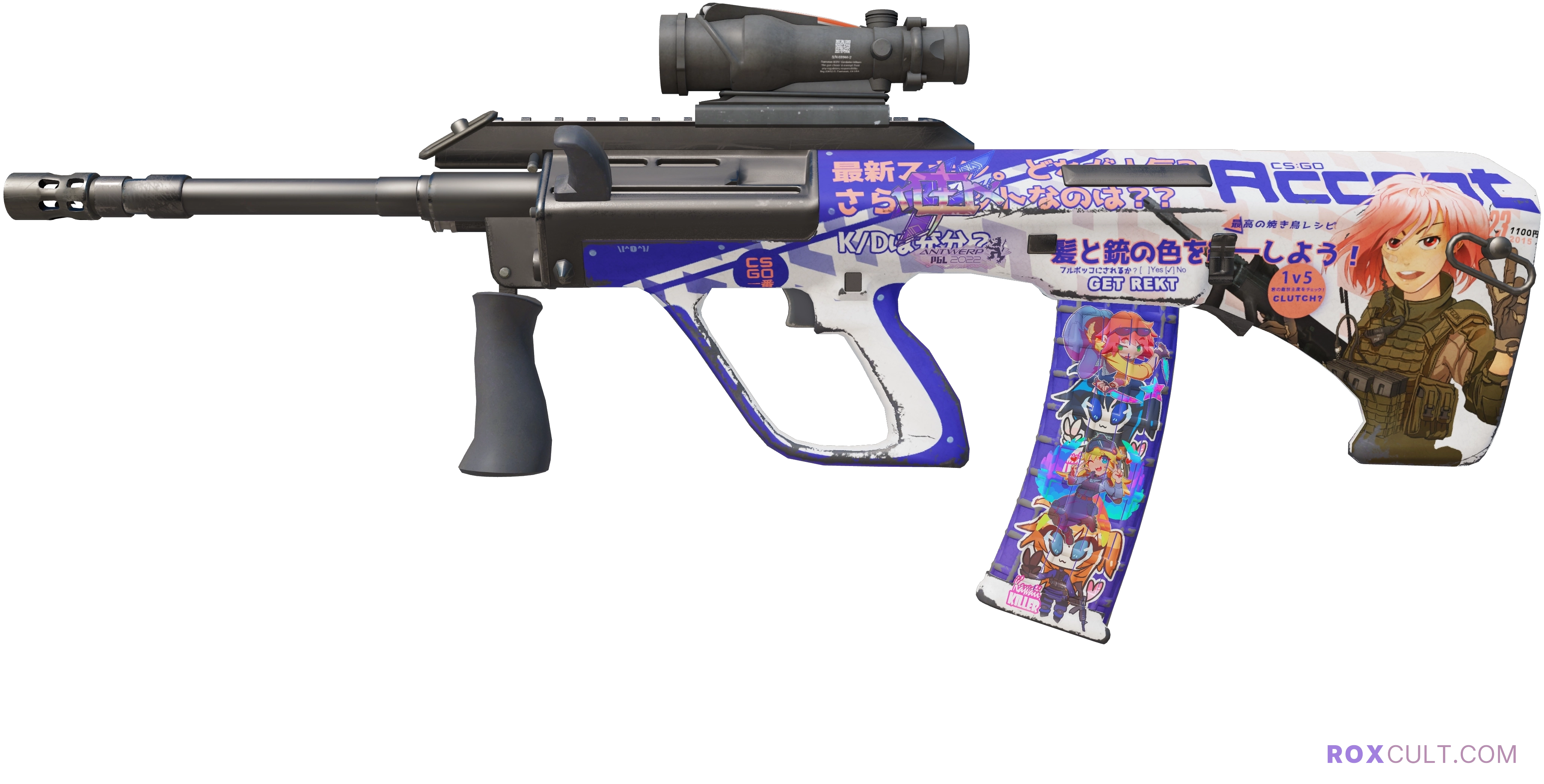 AUG | Akihabara Accept (Field-Tested) — rox (Holo) Antwerp 2022 craft, playside view with 1 rox (Holo) sticker