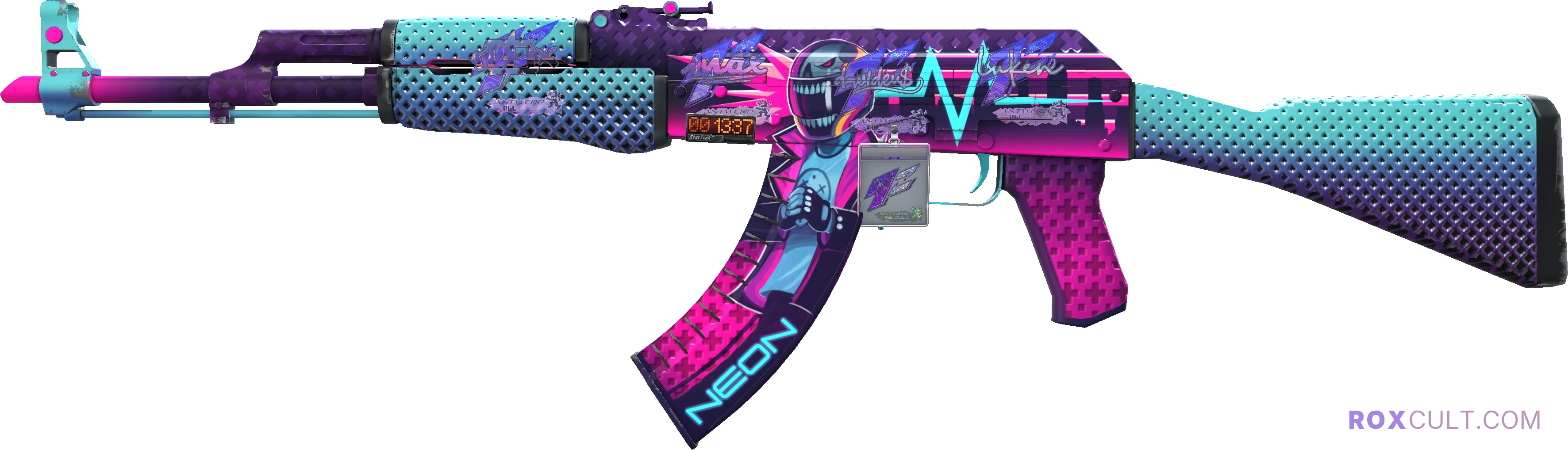 StatTrak™ AK-47 | Neon Rider (Minimal Wear) — rox (Holo) Antwerp 2022 craft, playside view with 1 rox (Holo) sticker