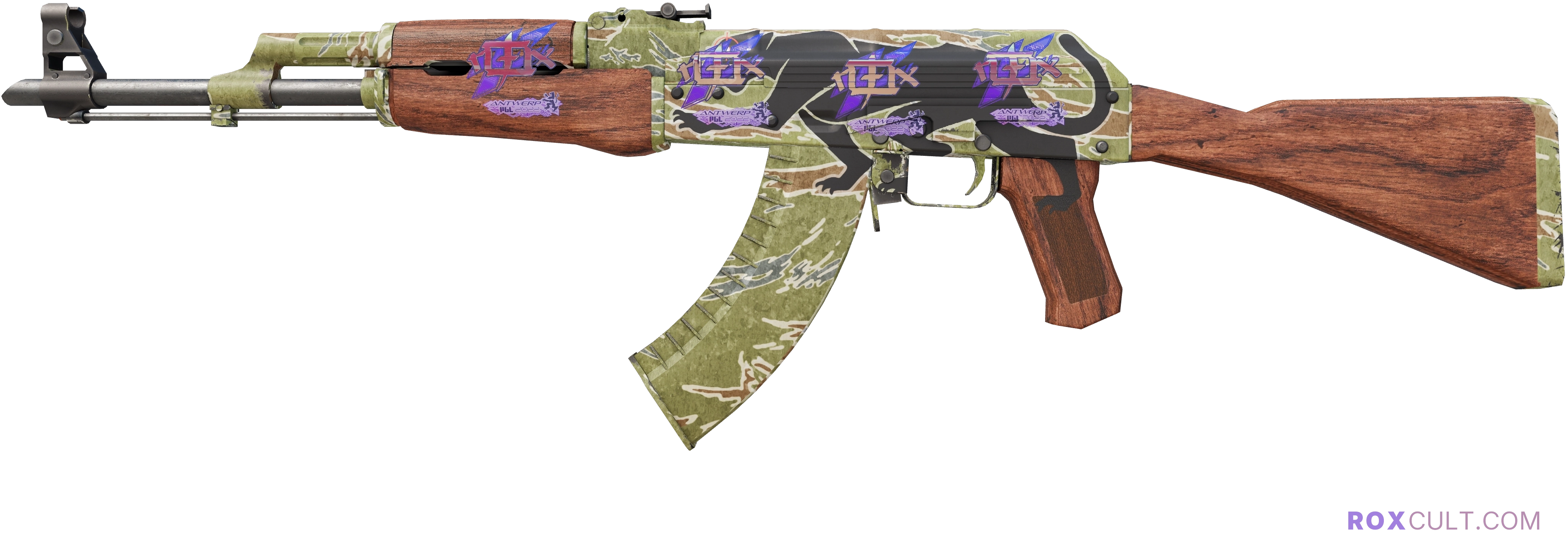 AK-47 | Jaguar (Factory New) — rox (Holo) Antwerp 2022 craft, playside view with 4 rox (Holo) stickers