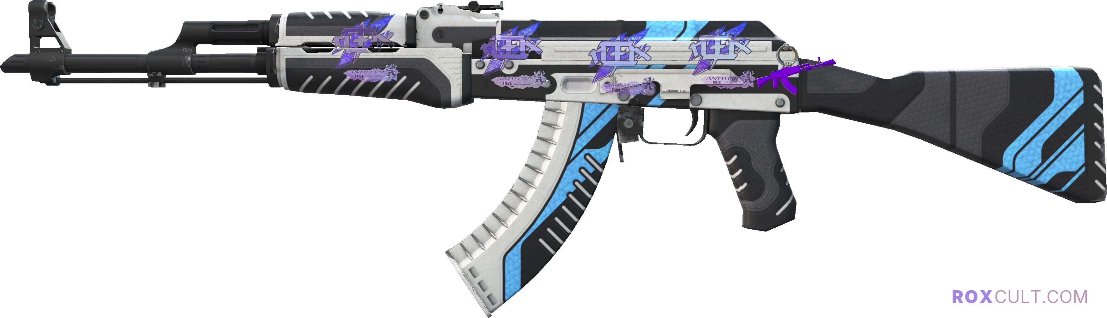 AK-47 | Vulcan (Factory New) — rox (Holo) Antwerp 2022 craft, playside view with 4 rox (Holo) stickers