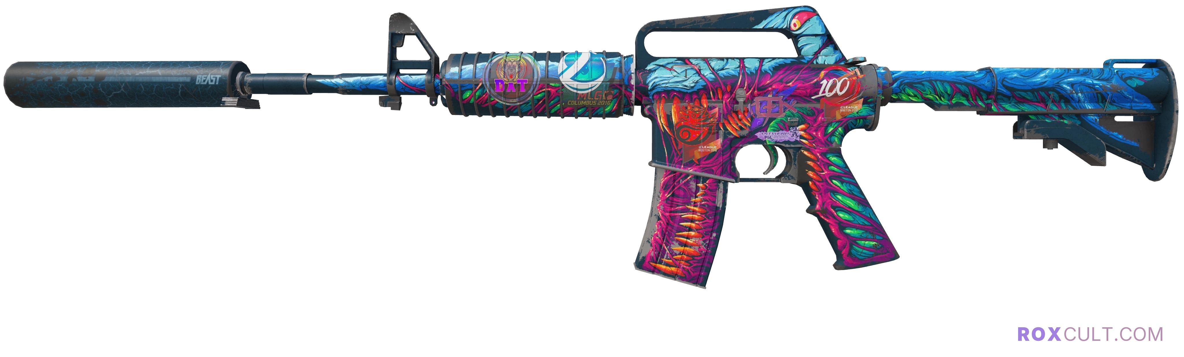 M4A1-S | Hyper Beast (Well-Worn) — rox (Holo) Antwerp 2022 craft, playside view with 1 rox (Holo) sticker