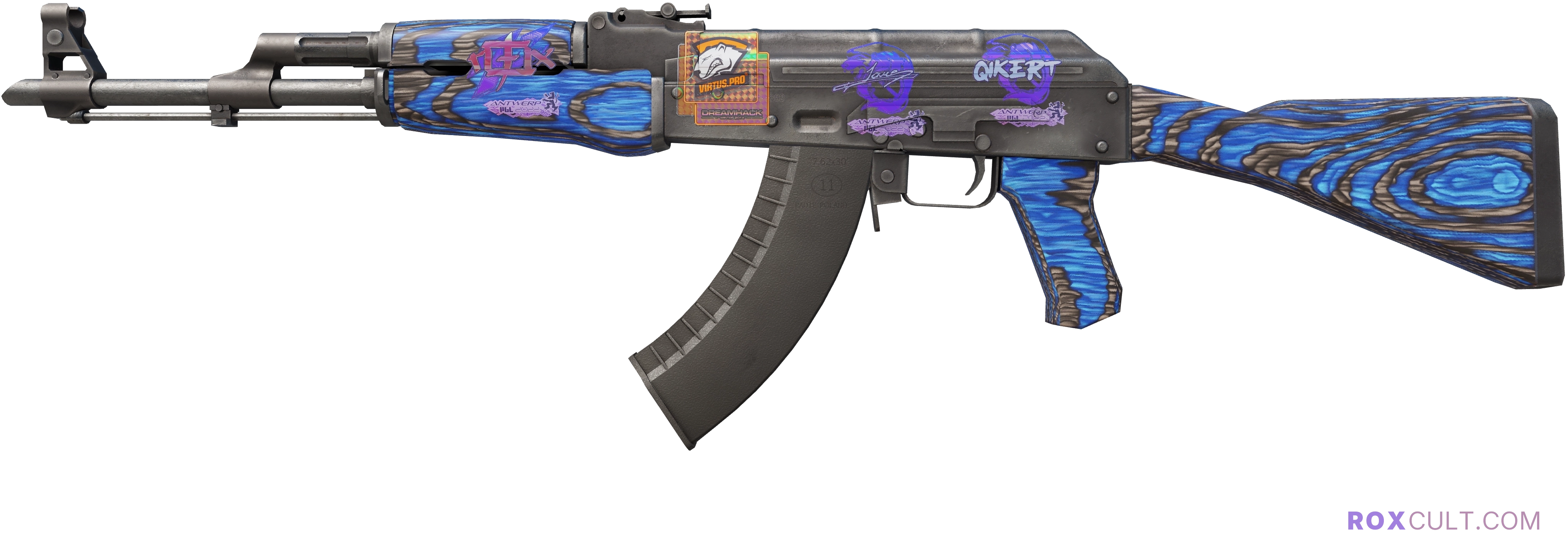 AK-47 | Blue Laminate (Minimal Wear) — rox (Holo) Antwerp 2022 craft, playside view with 1 rox (Holo) sticker