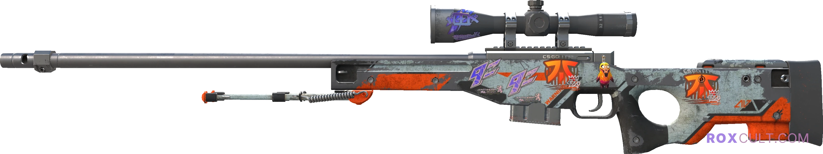 AWP | Asiimov (Battle-Scarred) — rox (Holo) Antwerp 2022 craft, playside view with 1 rox (Holo) sticker