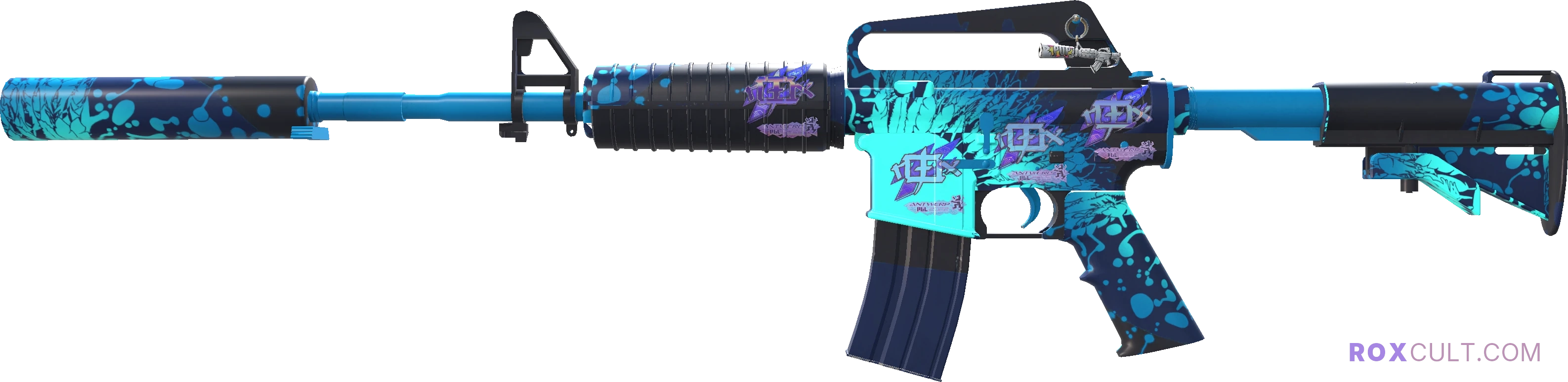 M4A1-S | Icarus Fell (Factory New) — rox (Holo) Antwerp 2022 craft, playside view with 4 rox (Holo) stickers