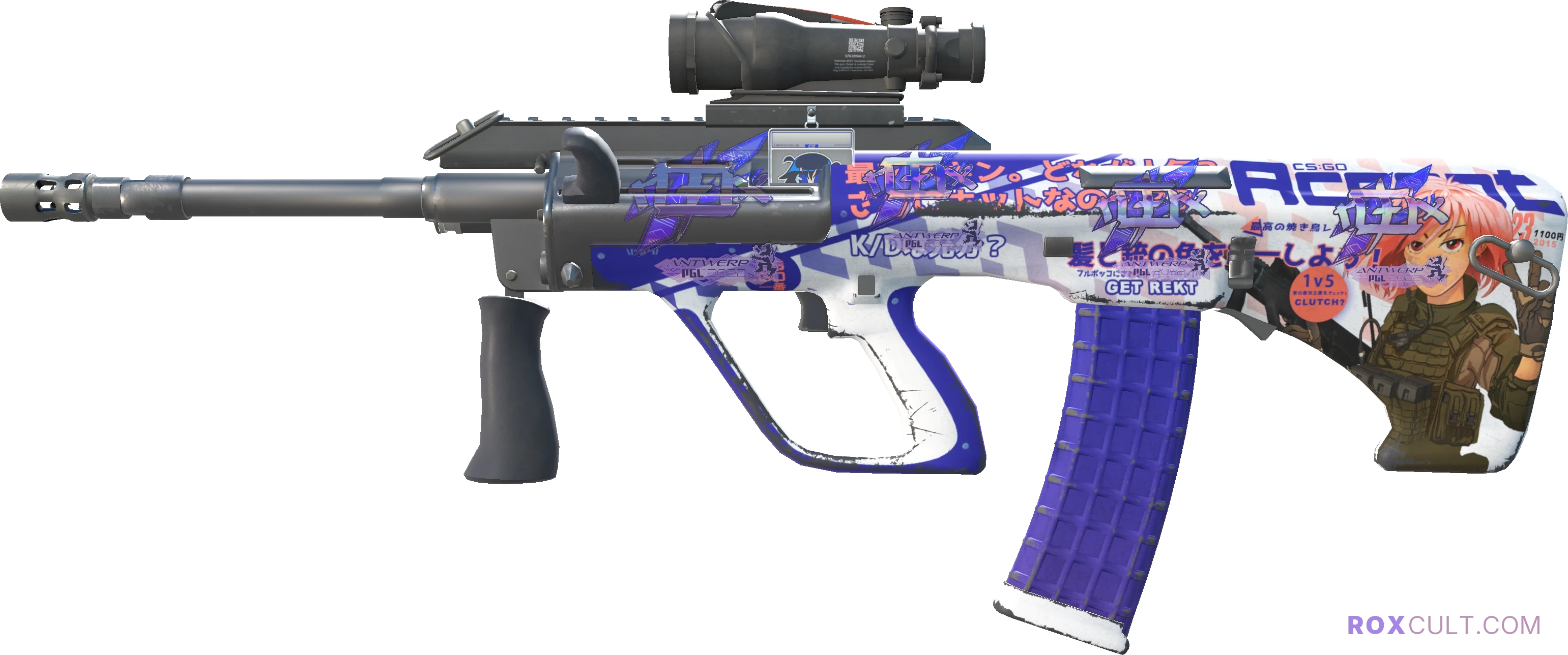 AUG | Akihabara Accept (Field-Tested) — rox (Holo) Antwerp 2022 craft, playside view with 4 rox (Holo) stickers