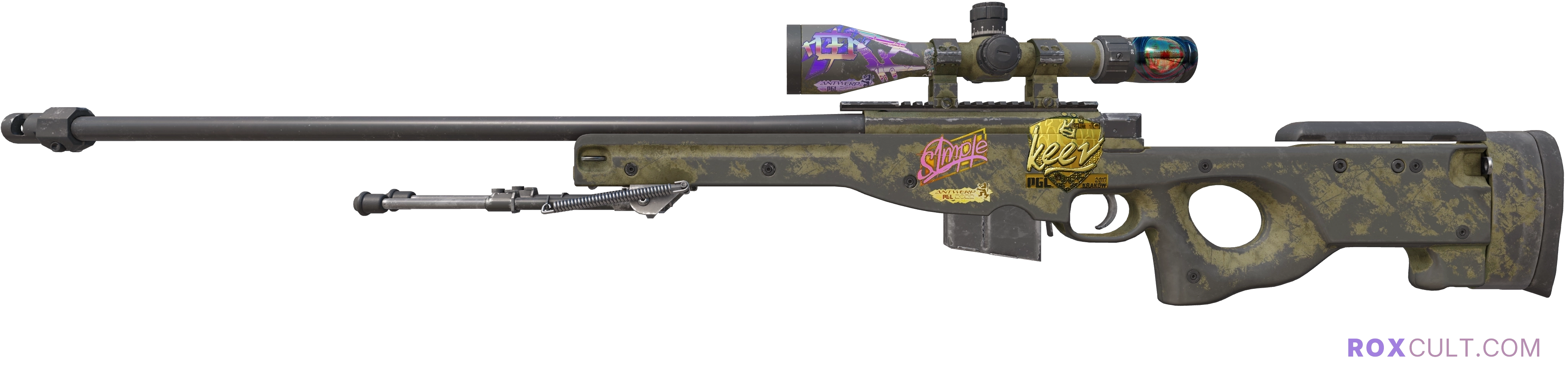 AWP | Safari Mesh (Battle-Scarred) — rox (Holo) Antwerp 2022 craft, playside view with 1 rox (Holo) sticker