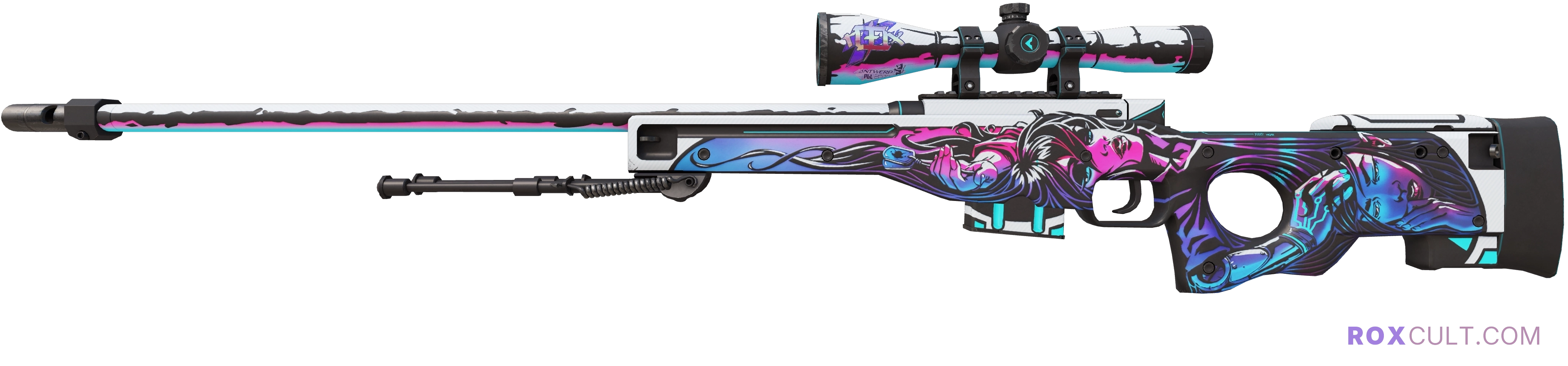 AWP | Neo-Noir (Factory New) — rox (Holo) Antwerp 2022 craft, playside view with 1 rox (Holo) sticker