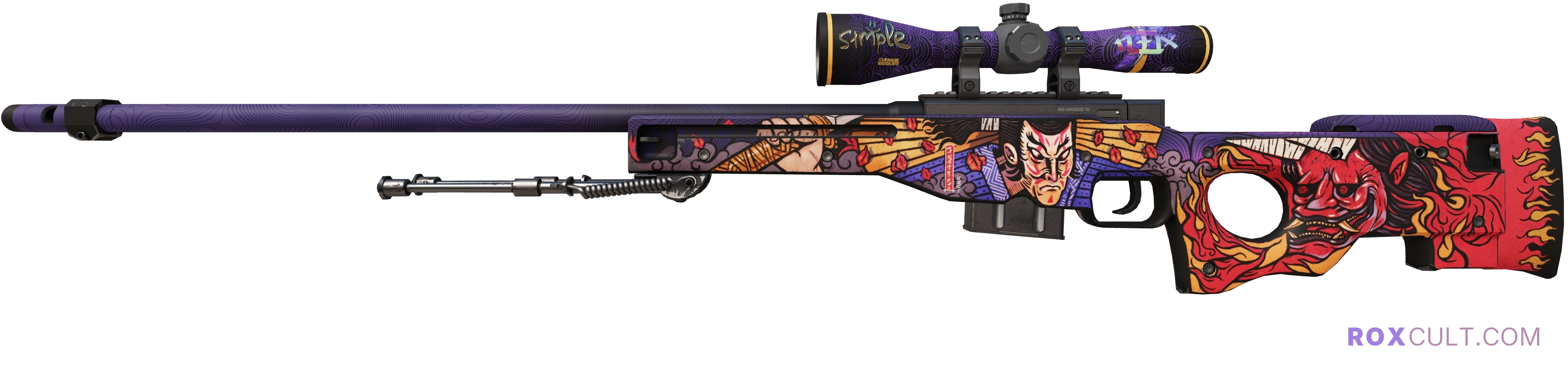 AWP | Oni Taiji (Factory New) — rox (Holo) Antwerp 2022 craft, playside view with 1 rox (Holo) sticker
