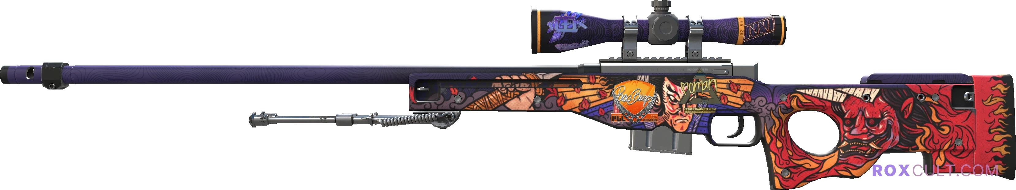 AWP | Oni Taiji (Factory New) — rox (Holo) Antwerp 2022 craft, playside view with 1 rox (Holo) sticker