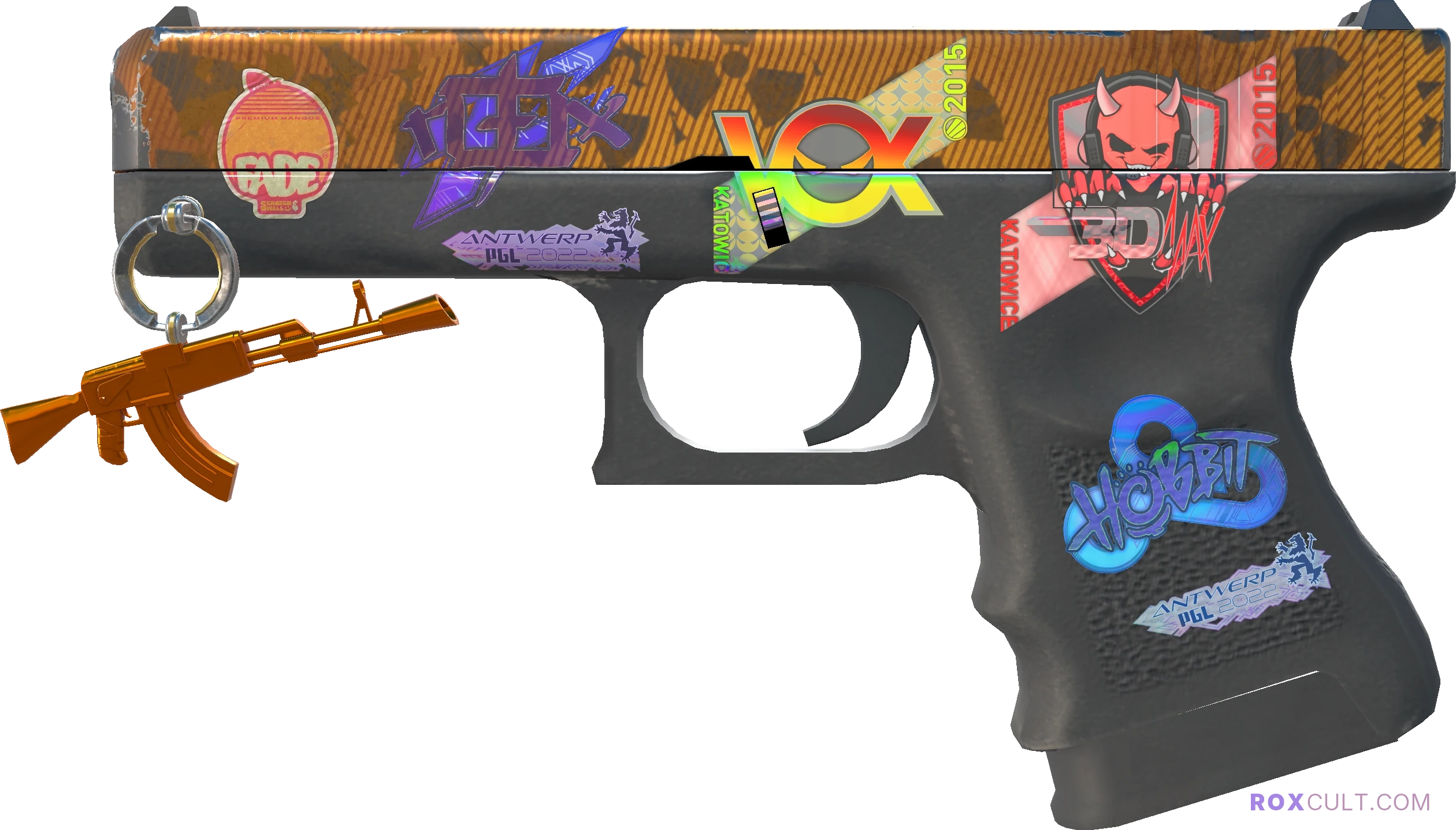 Glock-18 | Reactor (Field-Tested) — rox (Holo) Antwerp 2022 craft, playside view with 1 rox (Holo) sticker