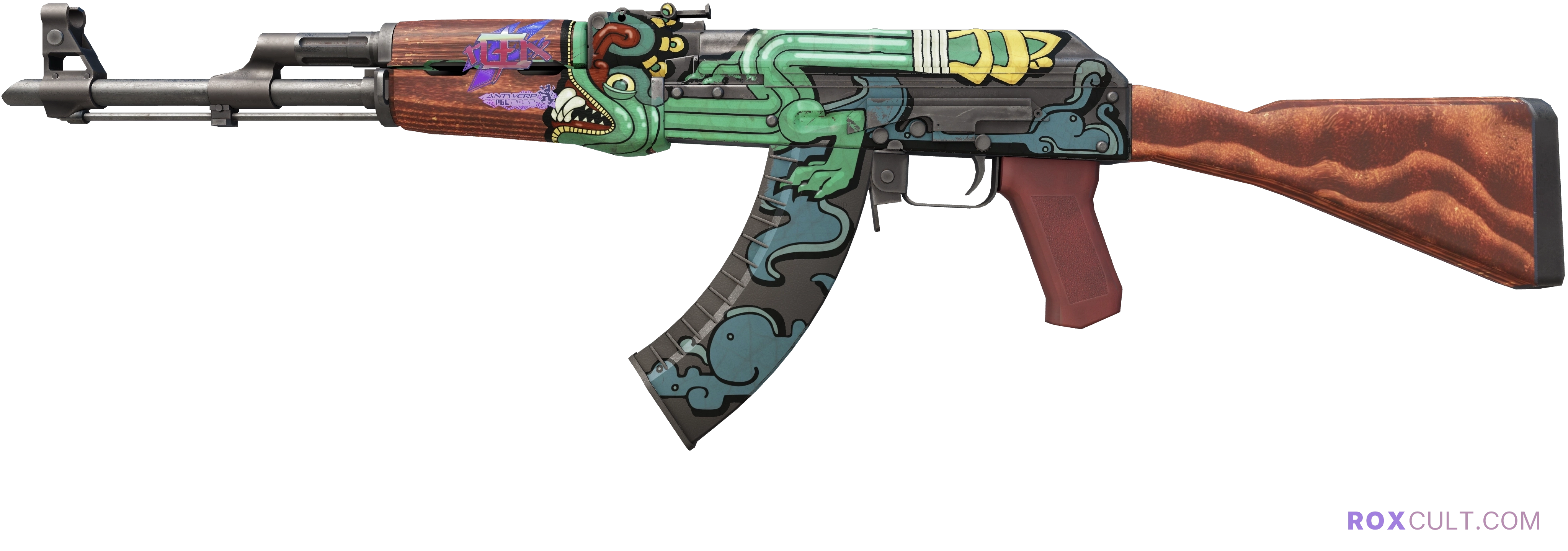 AK-47 | Fire Serpent (Field-Tested) — rox (Holo) Antwerp 2022 craft, playside view with 1 rox (Holo) sticker