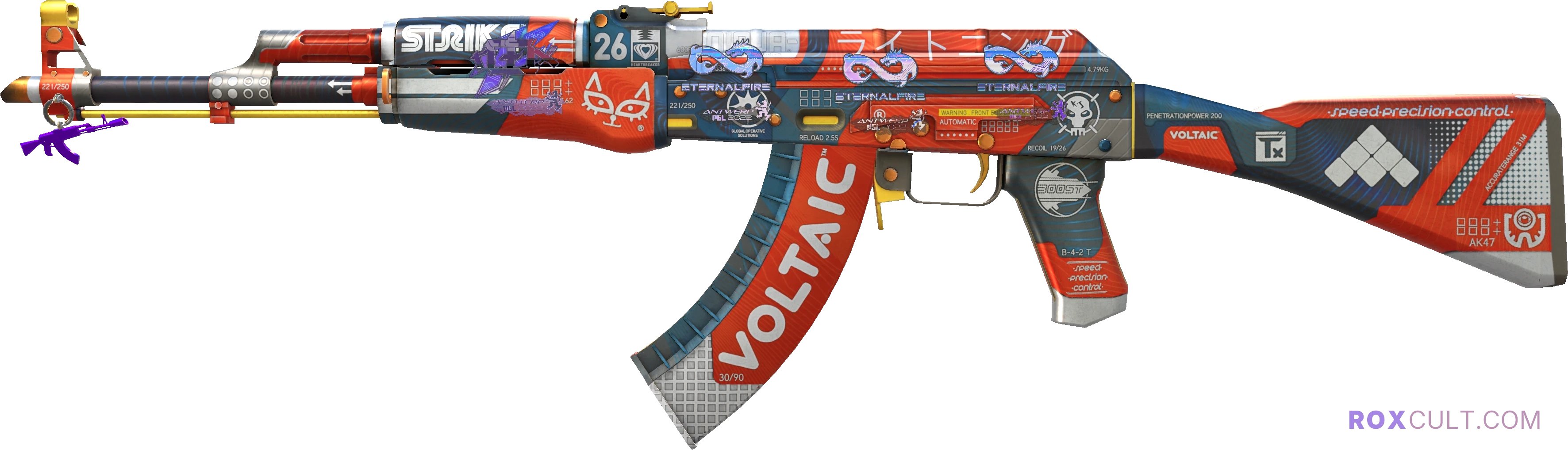 AK-47 | Bloodsport (Minimal Wear) — rox (Holo) Antwerp 2022 craft, playside view with 1 rox (Holo) sticker