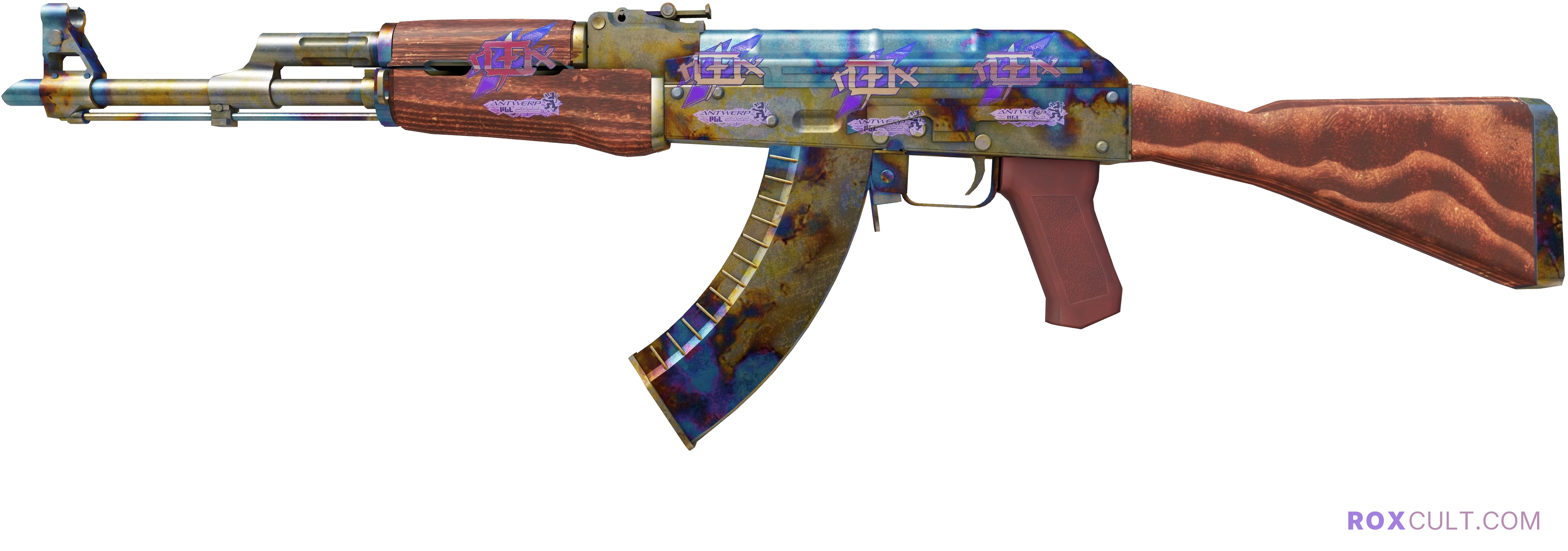 AK-47 | Case Hardened (Well-Worn) — rox (Holo) Antwerp 2022 craft, playside view with 4 rox (Holo) stickers