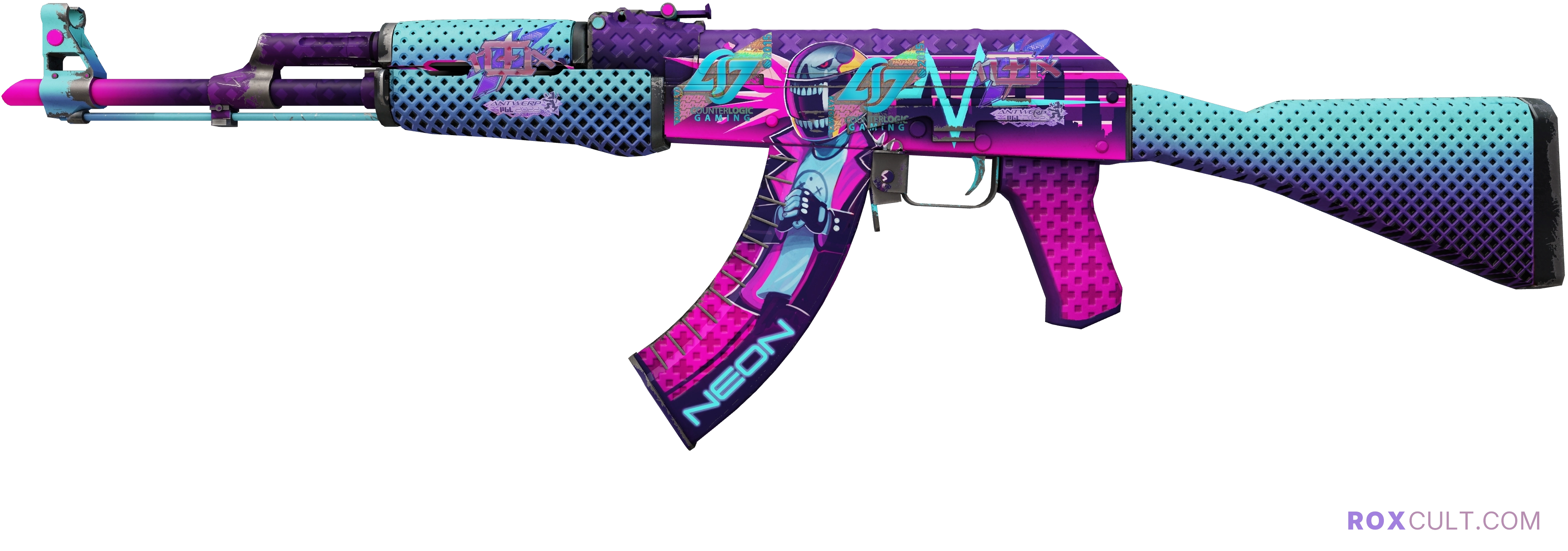 AK-47 | Neon Rider (Field-Tested) — rox (Holo) Antwerp 2022 craft, playside view with 2 rox (Holo) stickers