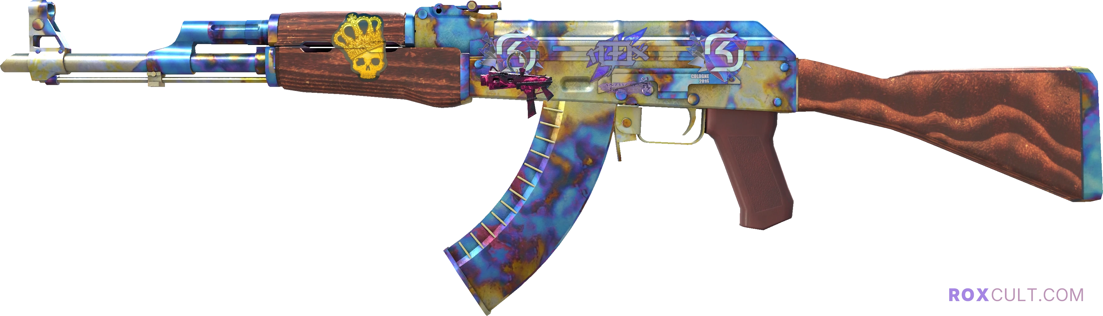 AK-47 | Case Hardened (Minimal Wear) — rox (Holo) Antwerp 2022 craft, playside view with 1 rox (Holo) sticker