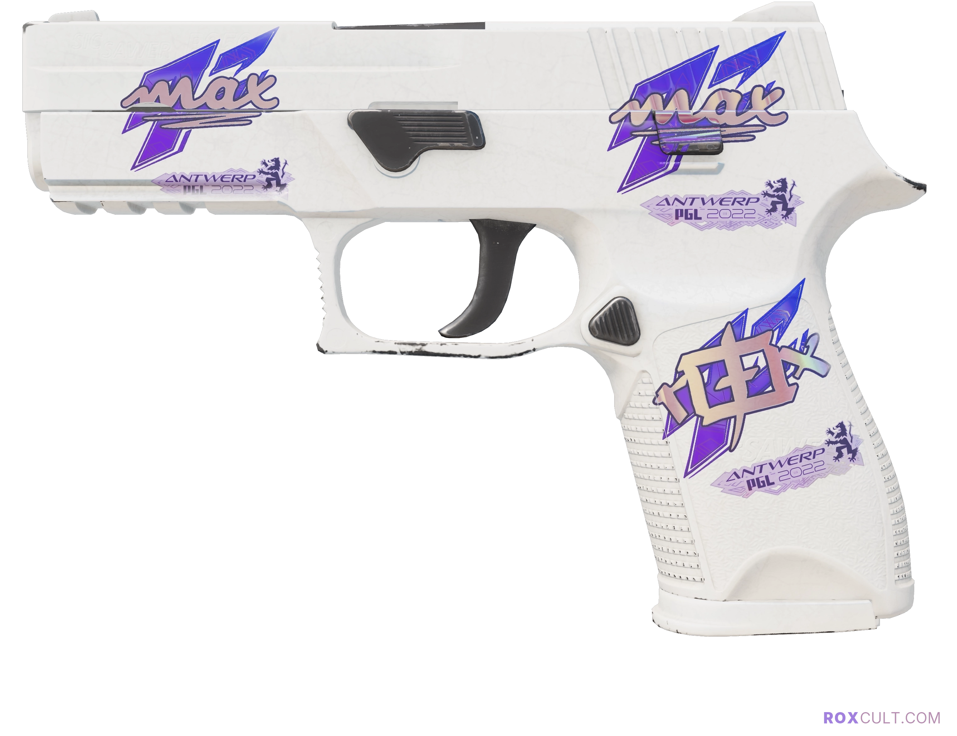 P250 | Whiteout (Factory New) — rox (Holo) Antwerp 2022 craft, playside view with 1 rox (Holo) sticker