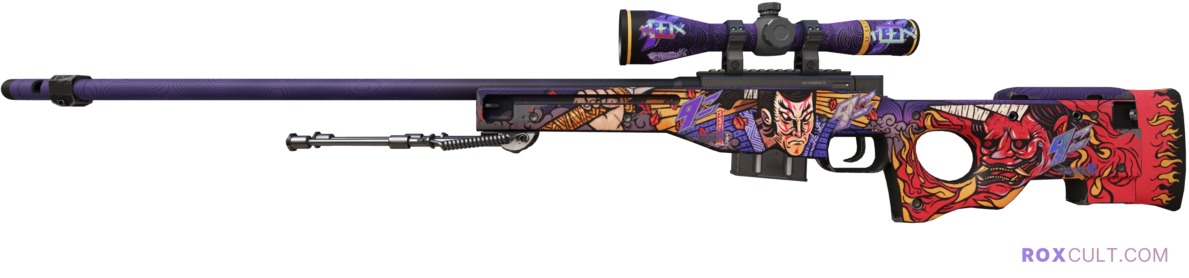 AWP | Oni Taiji (Minimal Wear) — rox (Holo) Antwerp 2022 craft, playside view with 2 rox (Holo) stickers