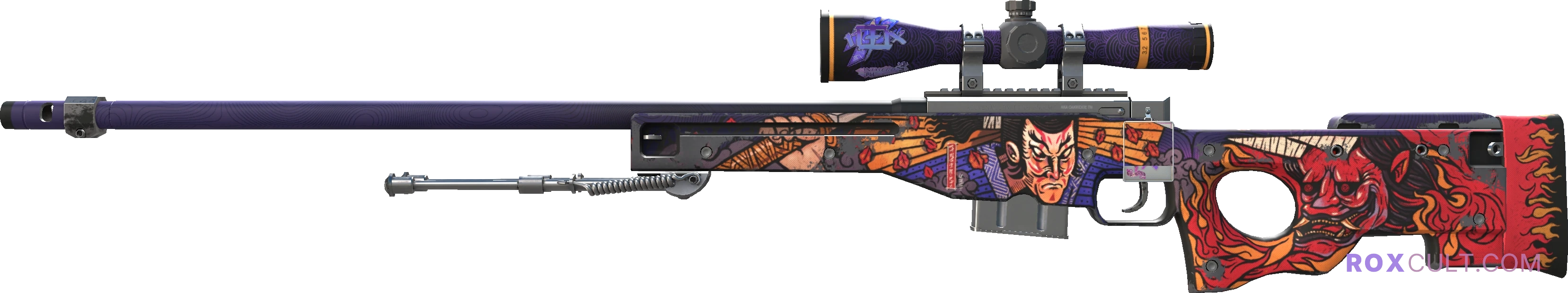 AWP | Oni Taiji (Field-Tested) — rox (Holo) Antwerp 2022 craft, playside view with 1 rox (Holo) sticker