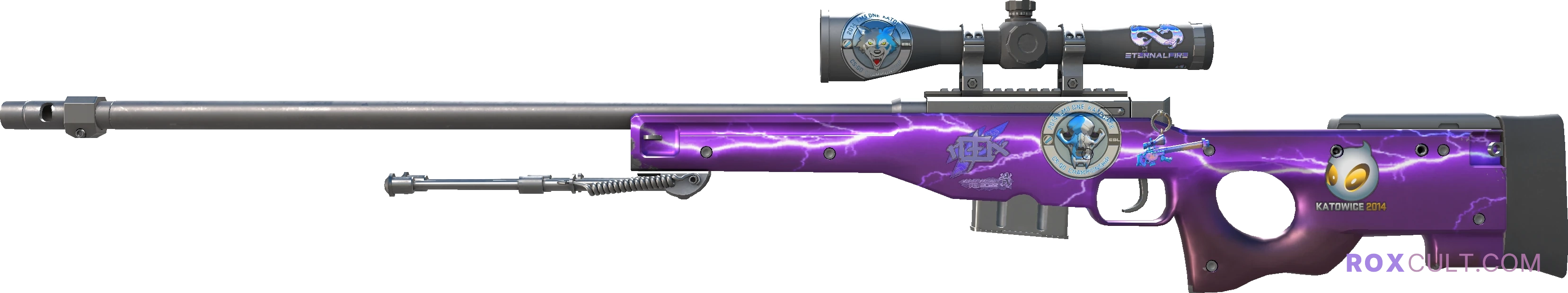 AWP | Lightning Strike (Factory New) — rox (Holo) Antwerp 2022 craft, playside view with 1 rox (Holo) sticker