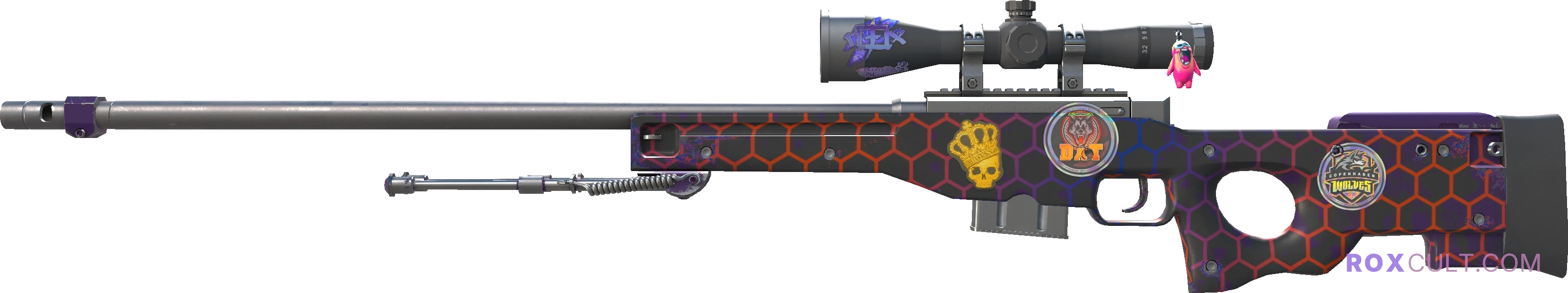 AWP | Electric Hive (Minimal Wear) — rox (Holo) Antwerp 2022 craft, playside view with 1 rox (Holo) sticker