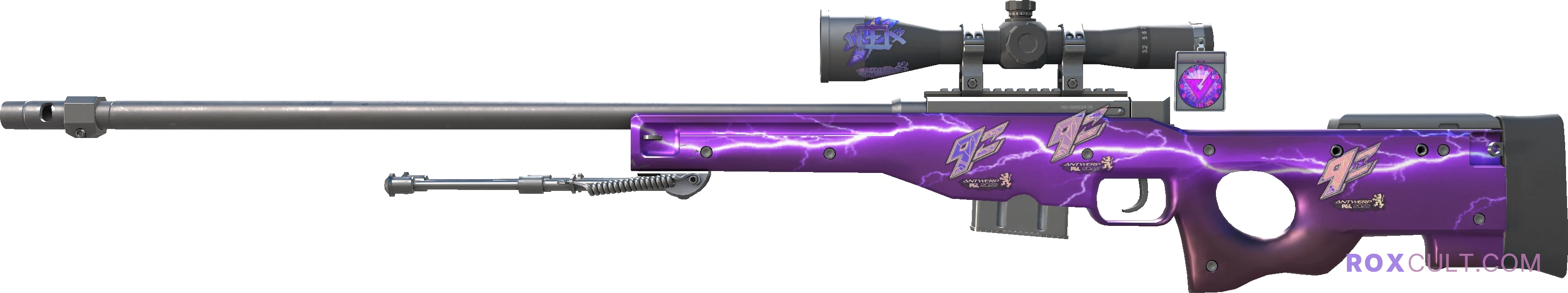 AWP | Lightning Strike (Factory New) — rox (Holo) Antwerp 2022 craft, playside view with 1 rox (Holo) sticker