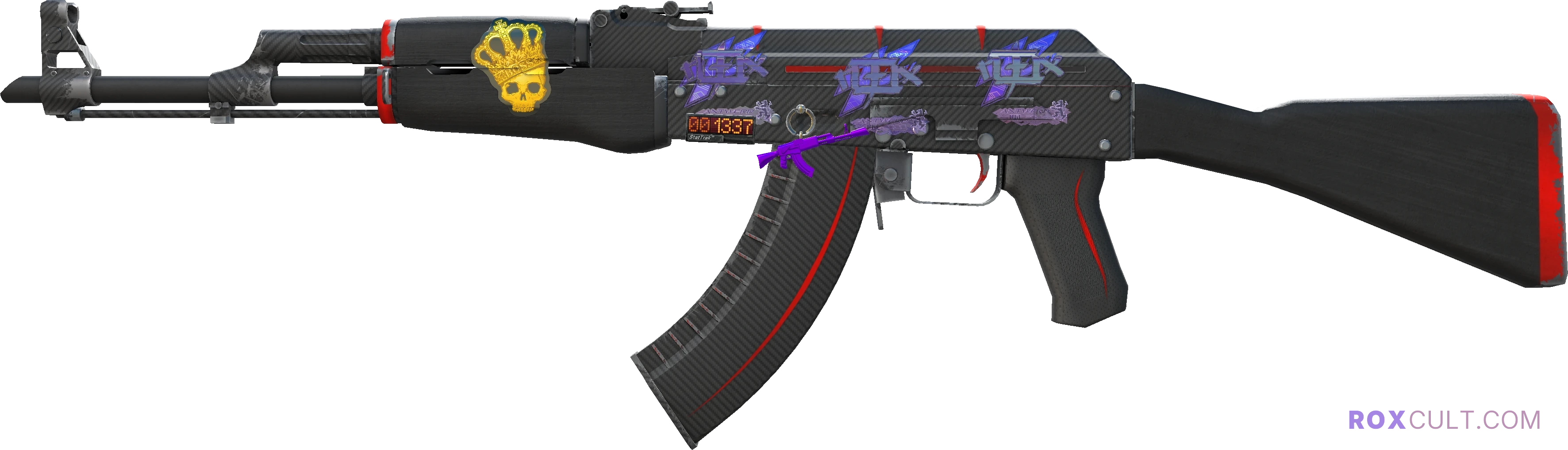 StatTrak™ AK-47 | Redline (Minimal Wear) — rox (Holo) Antwerp 2022 craft, playside view with 3 rox (Holo) stickers