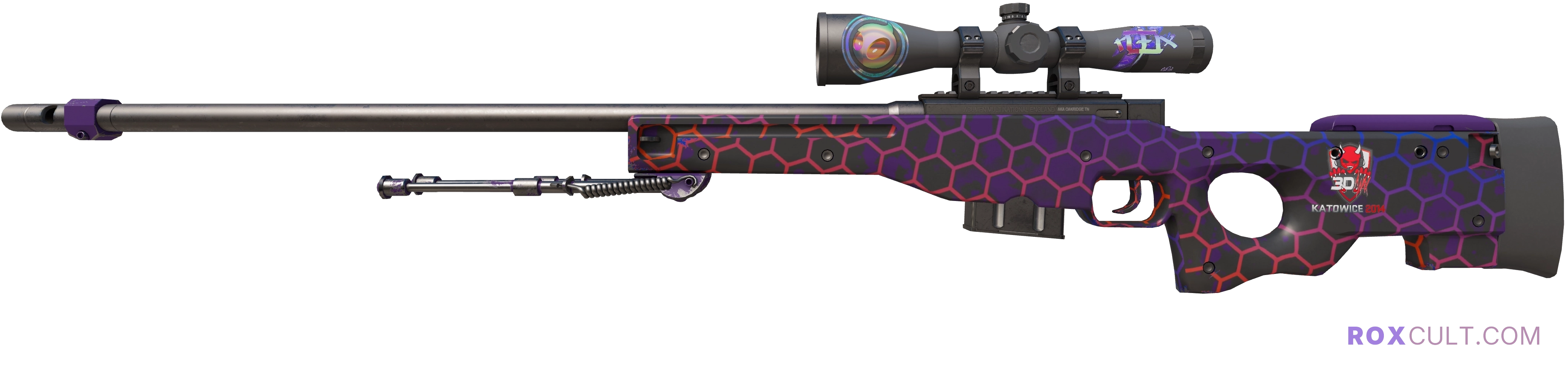 AWP | Electric Hive (Factory New) — rox (Holo) Antwerp 2022 craft, playside view with 1 rox (Holo) sticker