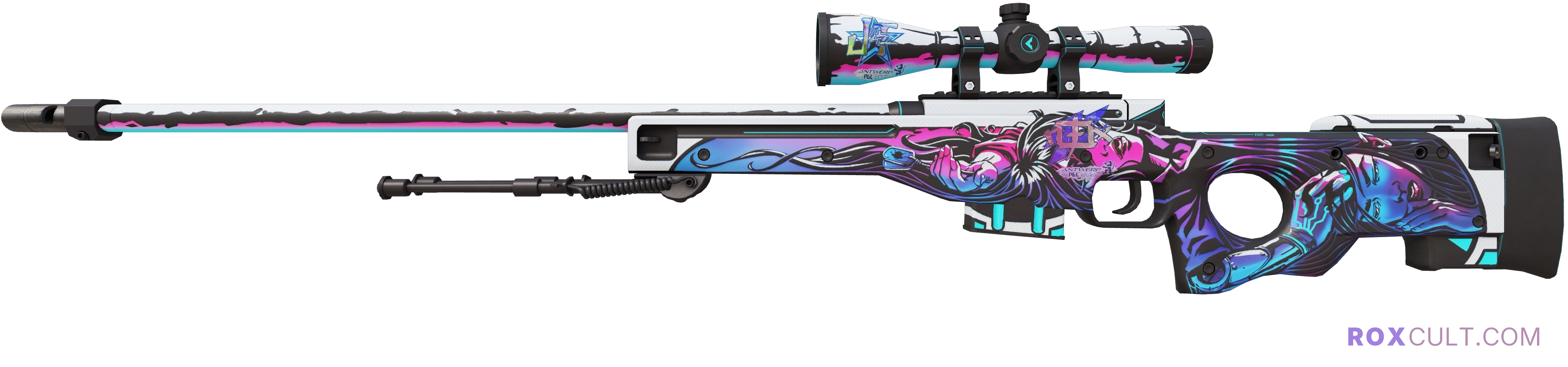 AWP | Neo-Noir (Factory New) — rox (Holo) Antwerp 2022 craft, playside view with 1 rox (Holo) sticker