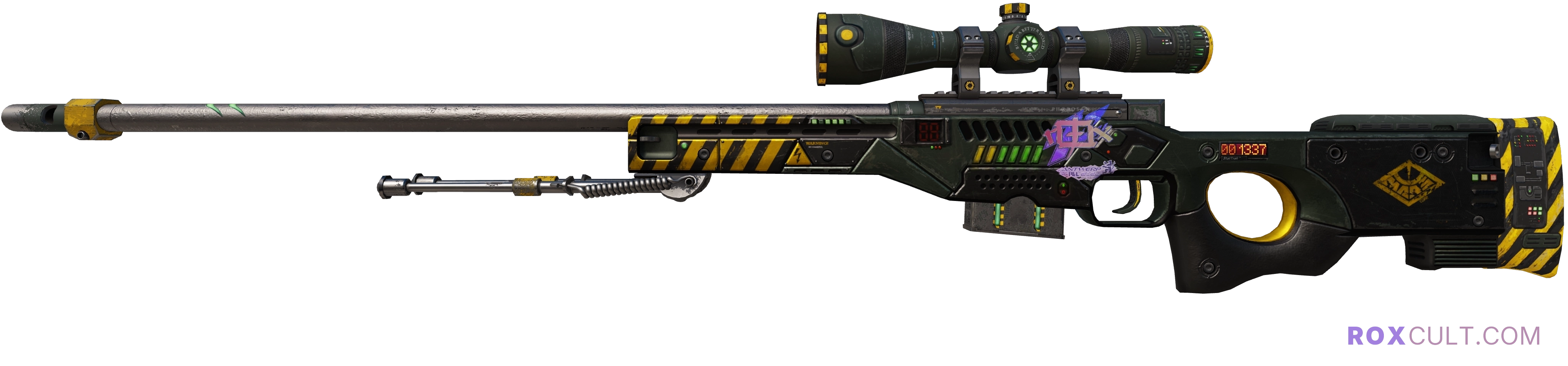 StatTrak™ AWP | Phobos (Minimal Wear) — rox (Holo) Antwerp 2022 craft, playside view with 1 rox (Holo) sticker