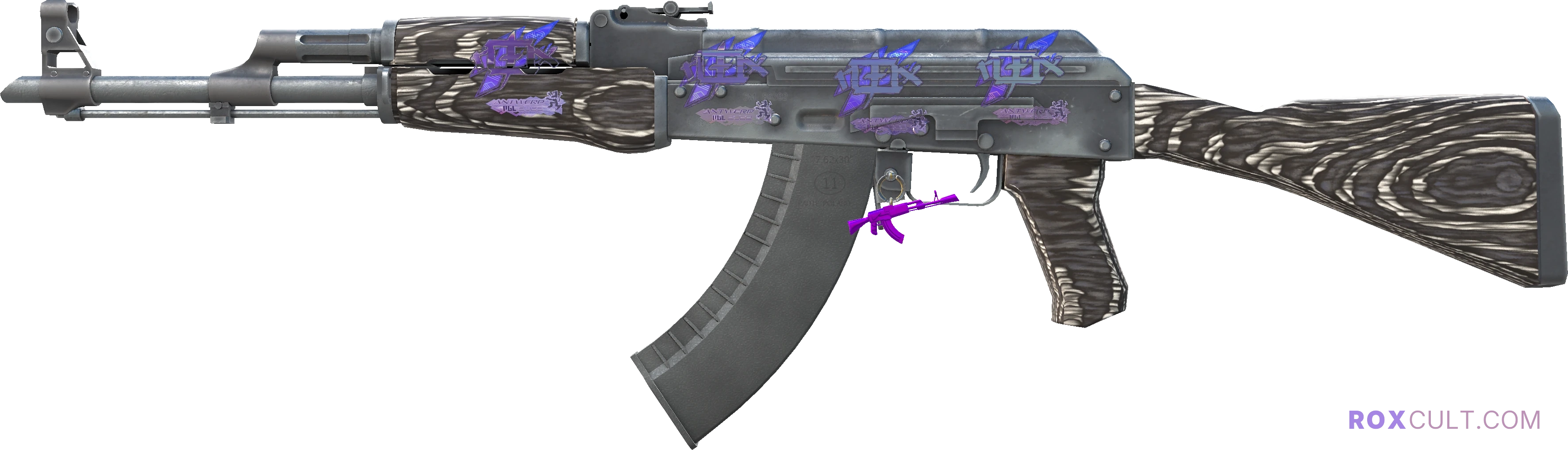 AK-47 | Black Laminate (Factory New) — rox (Holo) Antwerp 2022 craft, playside view with 4 rox (Holo) stickers