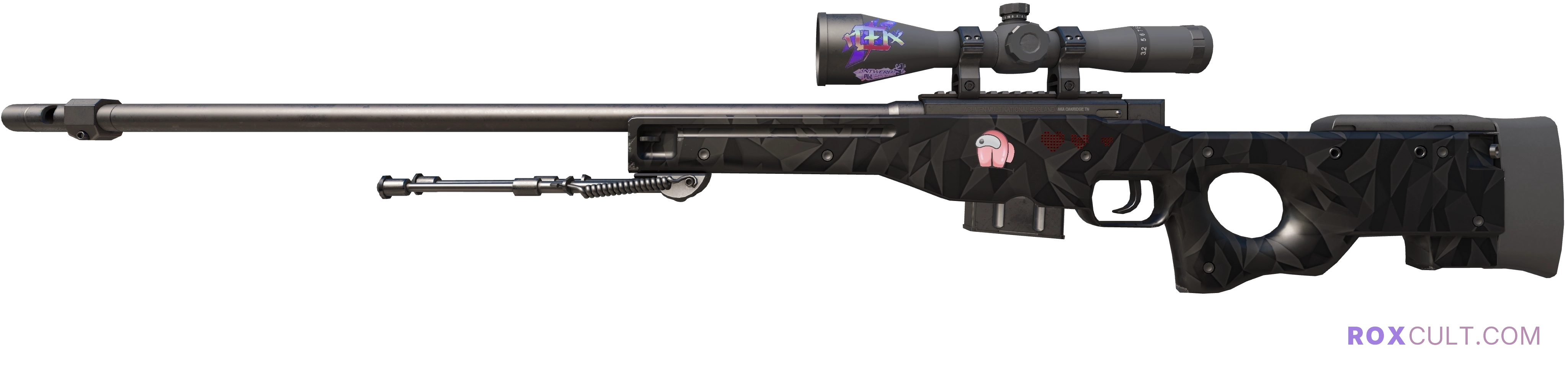 AWP | Graphite (Factory New) — rox (Holo) Antwerp 2022 craft, playside view with 1 rox (Holo) sticker