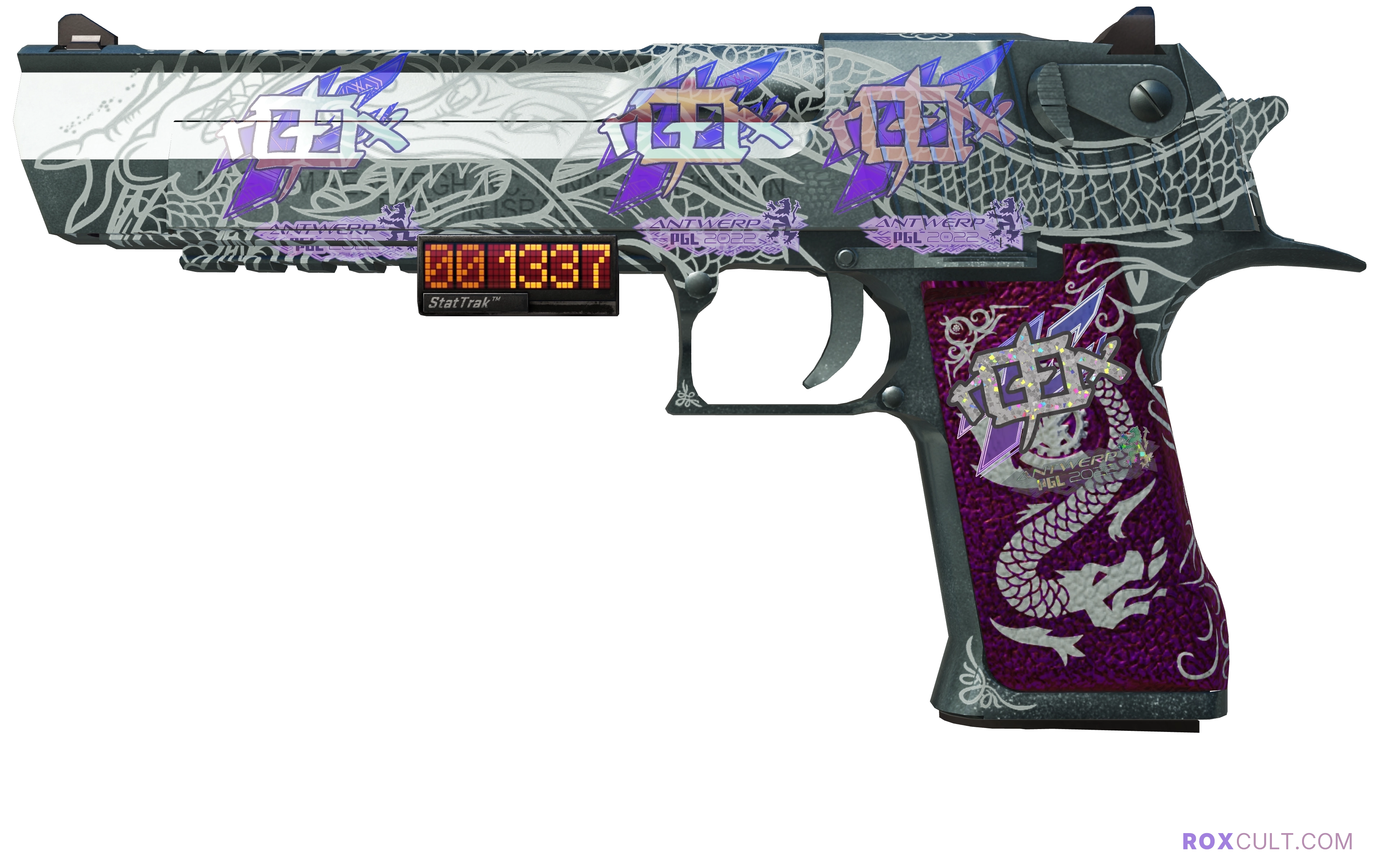 StatTrak™ Desert Eagle | Kumicho Dragon (Factory New) — rox (Holo) Antwerp 2022 craft, playside view with 3 rox (Holo) stickers