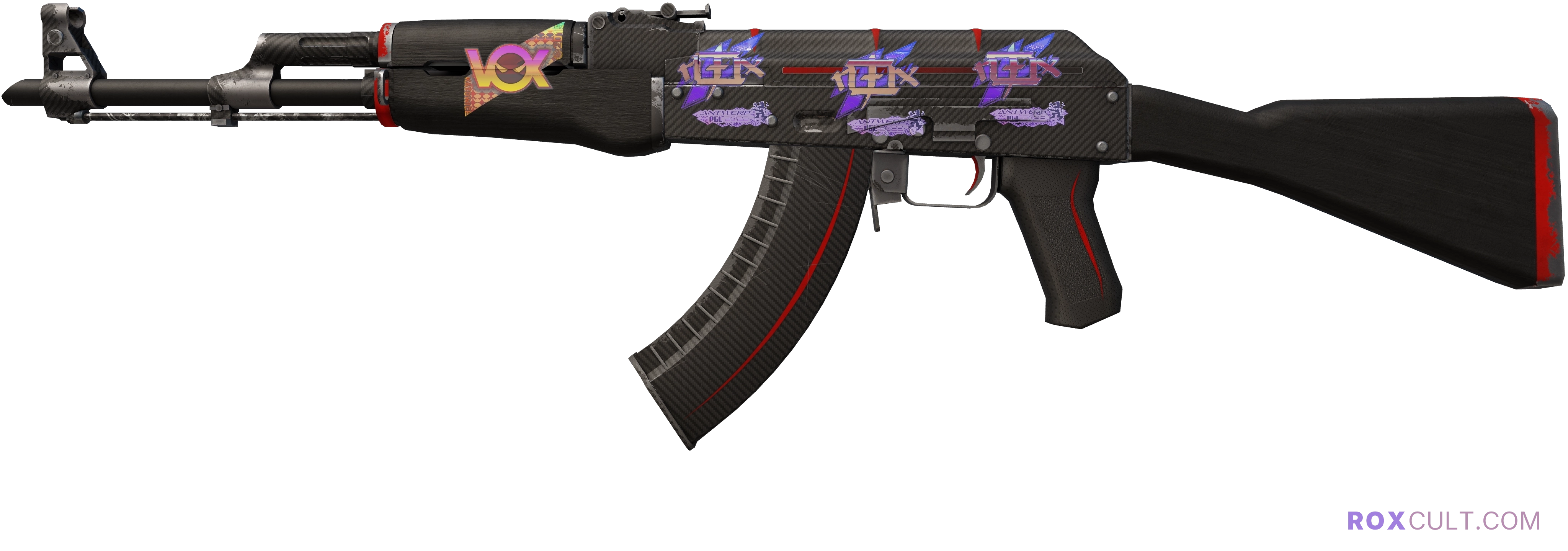 AK-47 | Redline (Field-Tested) — rox (Holo) Antwerp 2022 craft, playside view with 3 rox (Holo) stickers