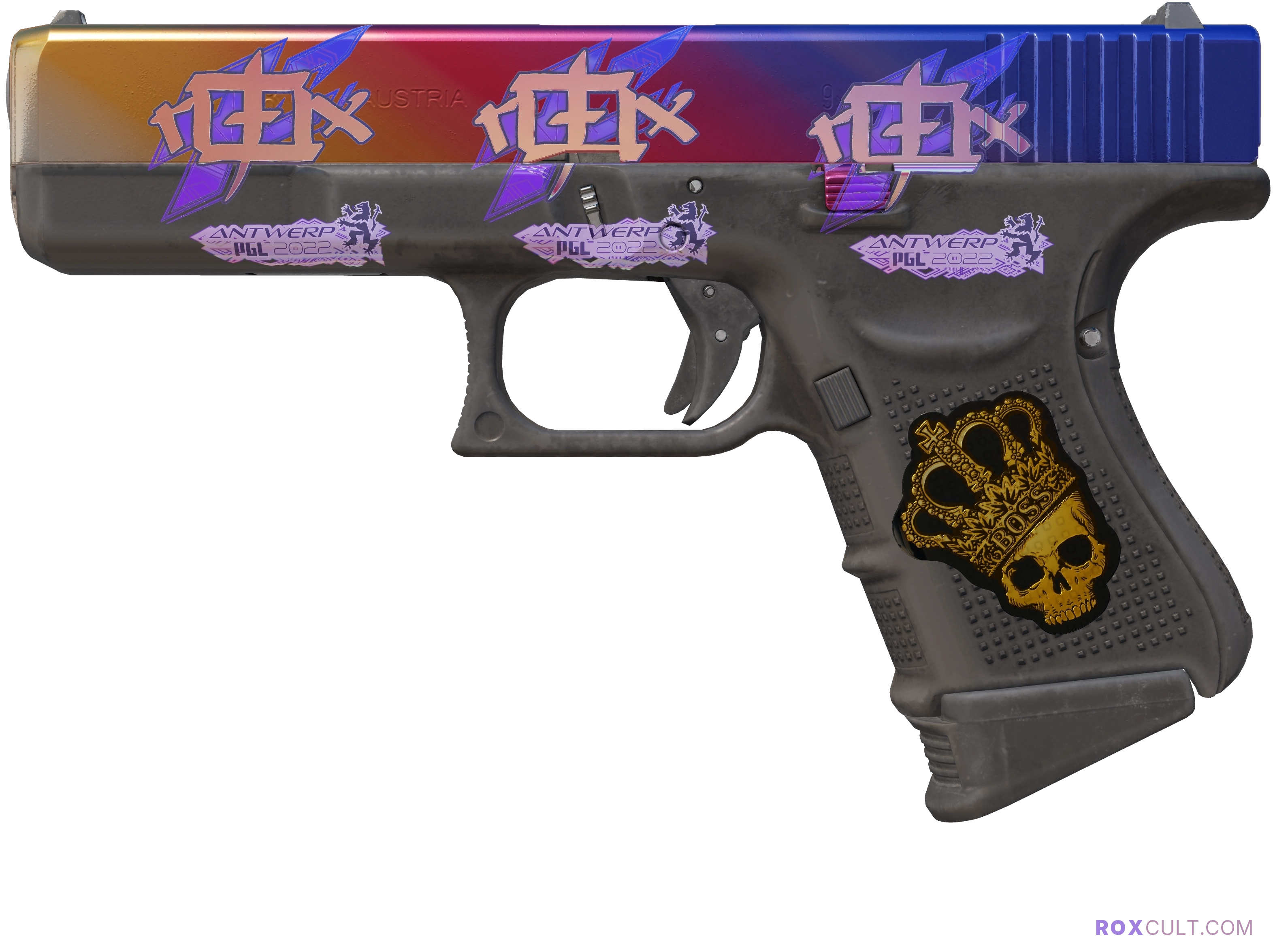 Glock-18 | Fade (Factory New) — rox (Holo) Antwerp 2022 craft, playside view with 3 rox (Holo) stickers