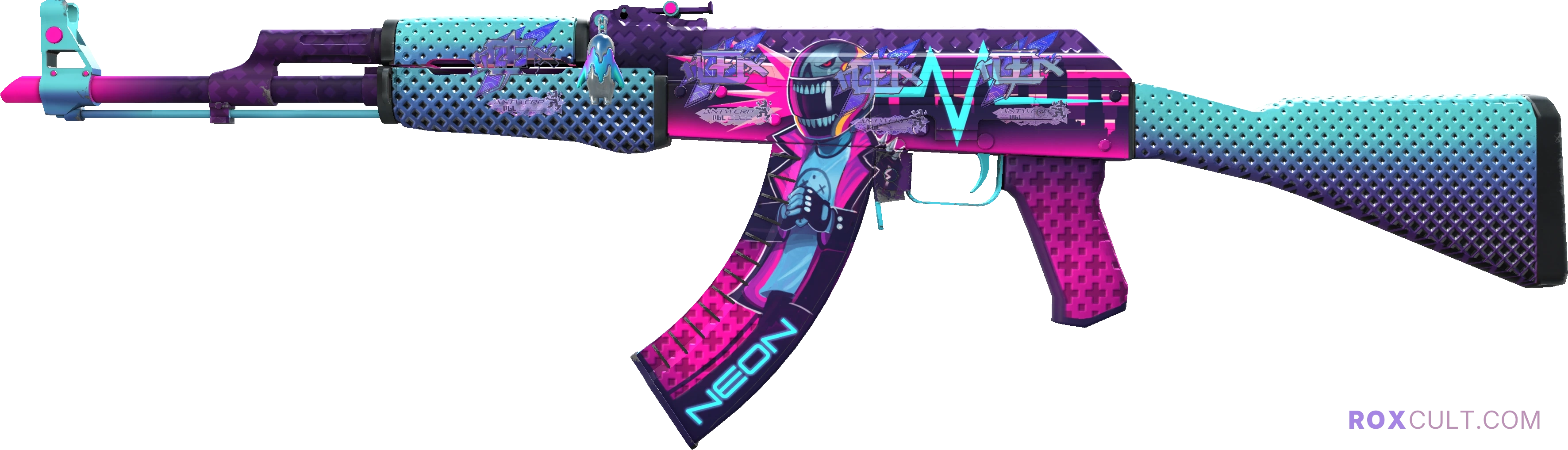 AK-47 | Neon Rider (Factory New) — rox (Holo) Antwerp 2022 craft, playside view with 4 rox (Holo) stickers