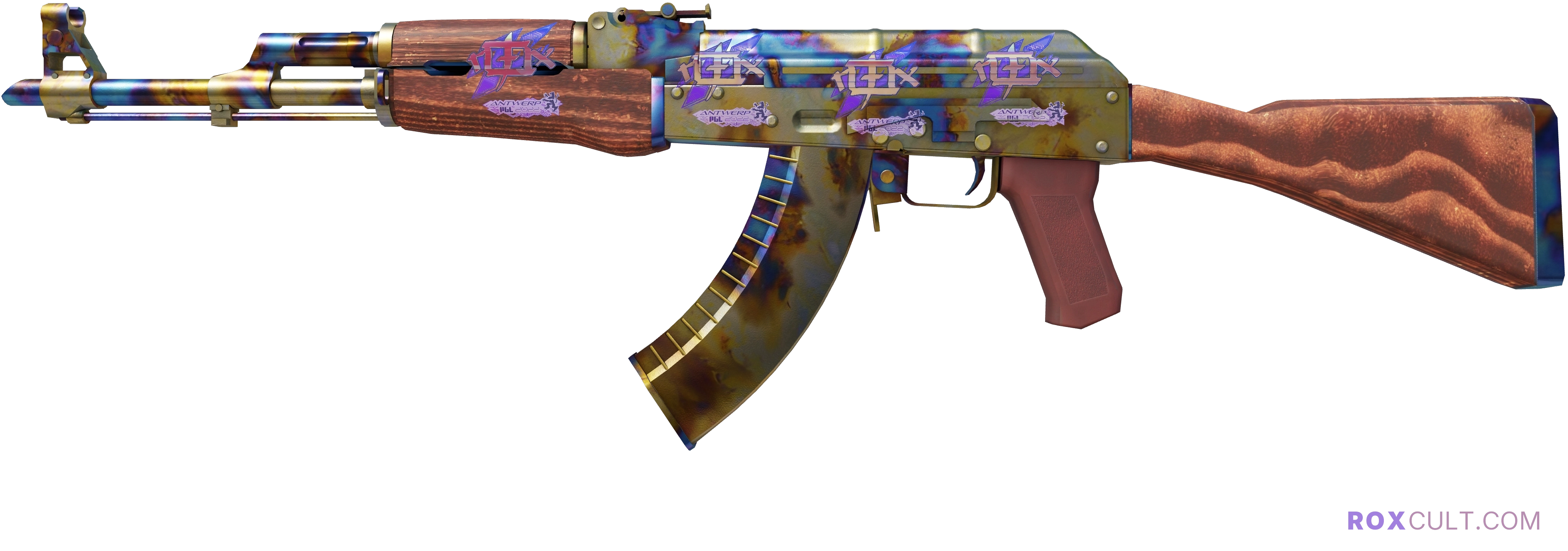 AK-47 | Case Hardened (Minimal Wear) — rox (Holo) Antwerp 2022 craft, playside view with 4 rox (Holo) stickers