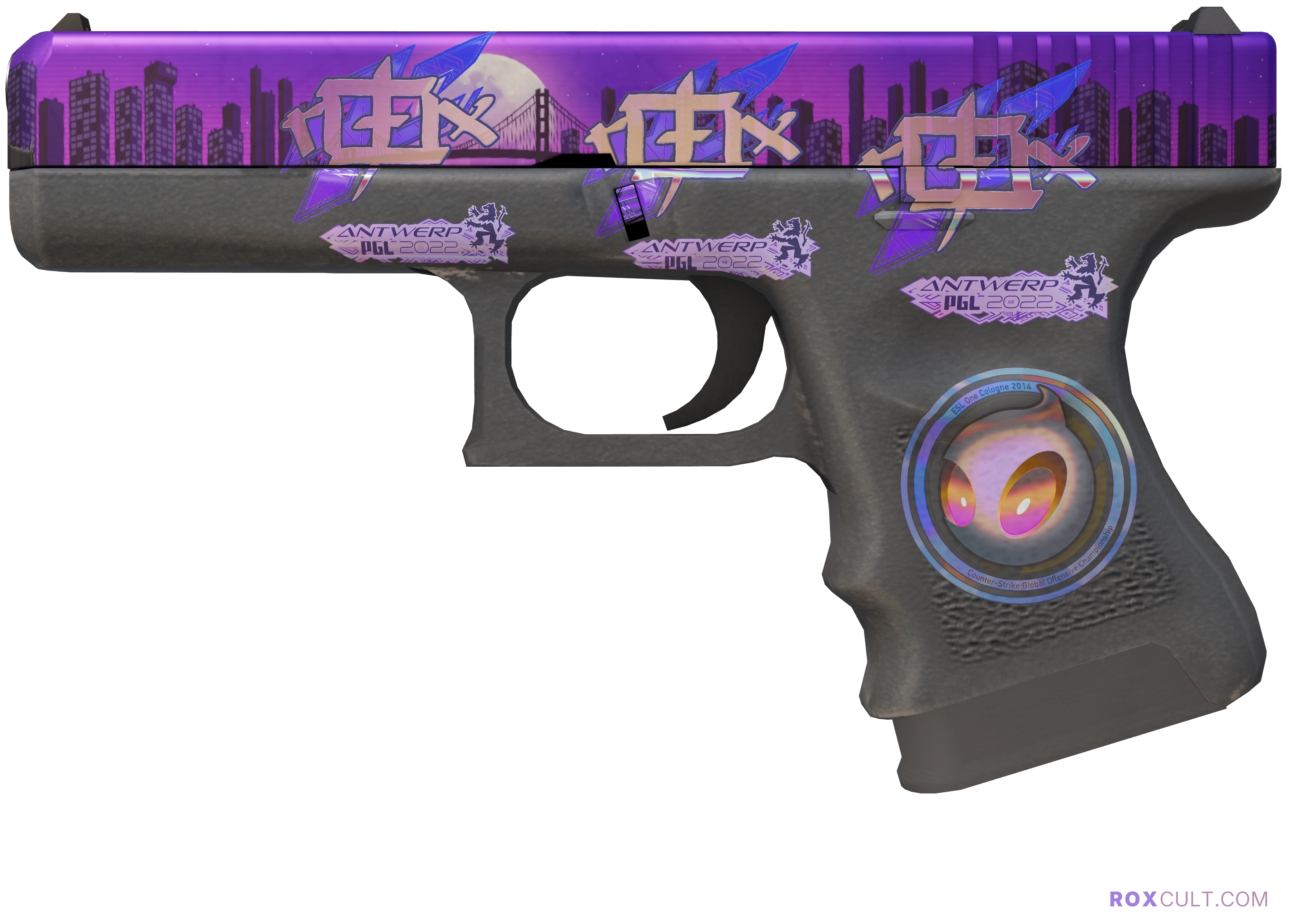 Glock-18 | Moonrise (Factory New) — rox (Holo) Antwerp 2022 craft, playside view with 3 rox (Holo) stickers