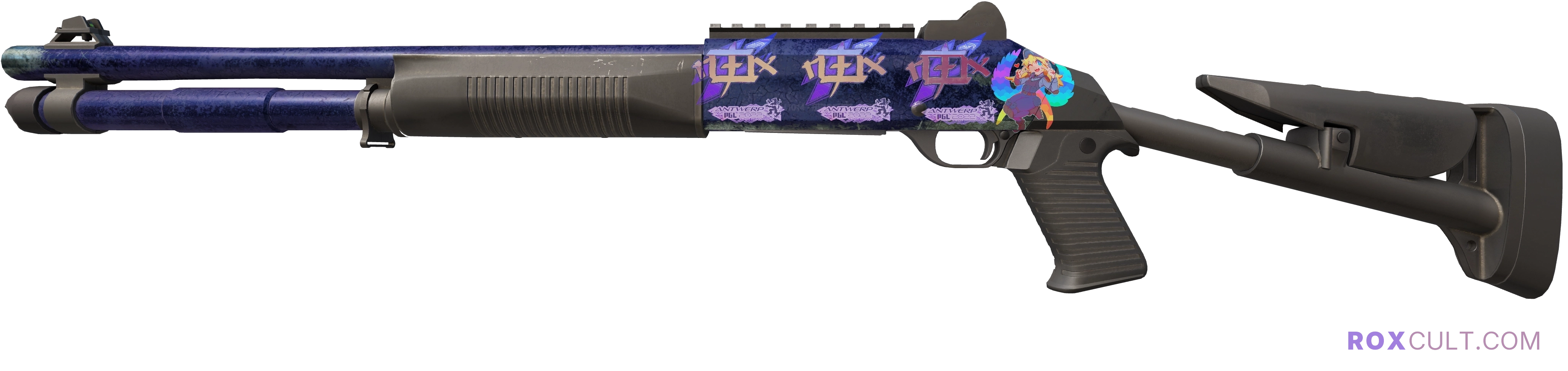 XM1014 | Blue Steel (Battle-Scarred) — rox (Holo) Antwerp 2022 craft, playside view with 3 rox (Holo) stickers