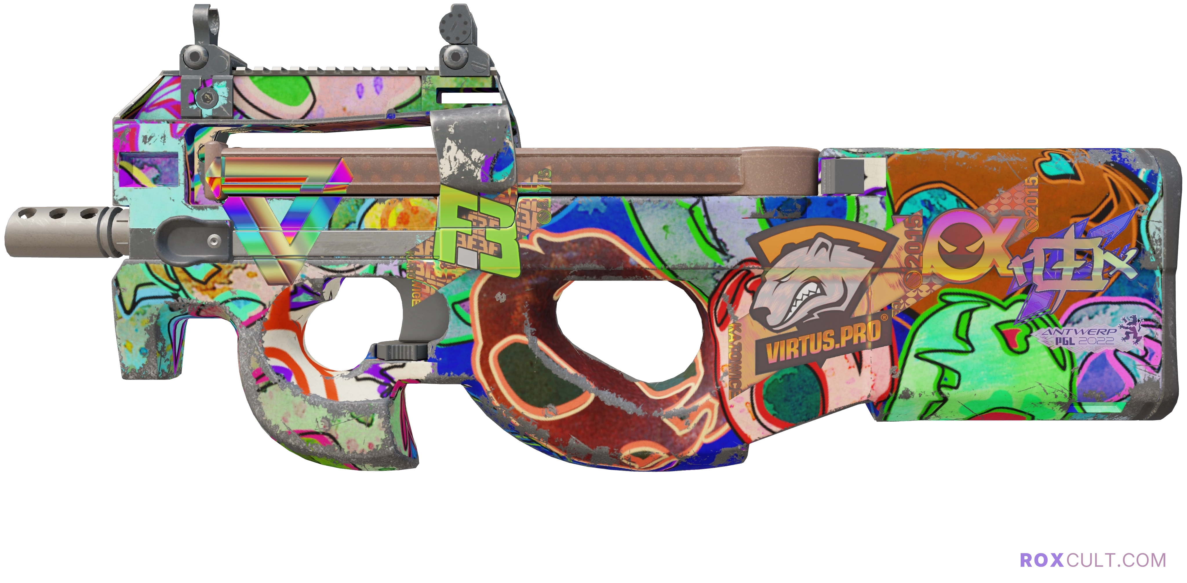 P90 | Death by Kitty (Field-Tested) — rox (Holo) Antwerp 2022 craft, playside view with 1 rox (Holo) sticker