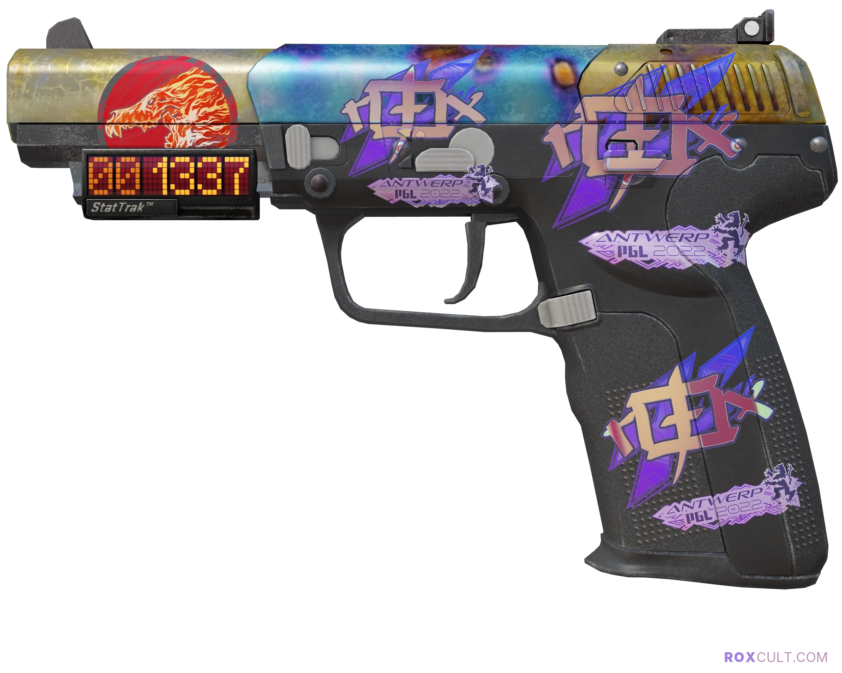 StatTrak™ Five-SeveN | Case Hardened (Battle-Scarred) — rox (Holo) Antwerp 2022 craft, playside view with 3 rox (Holo) stickers