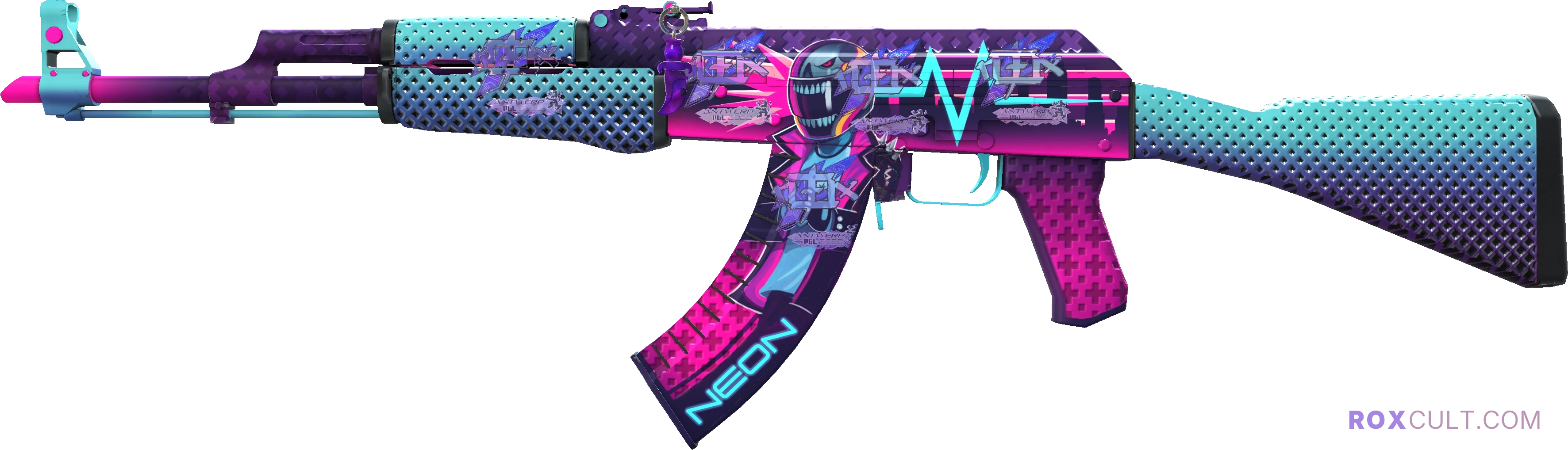 AK-47 | Neon Rider (Factory New) — rox (Holo) Antwerp 2022 craft, playside view with 5 rox (Holo) stickers