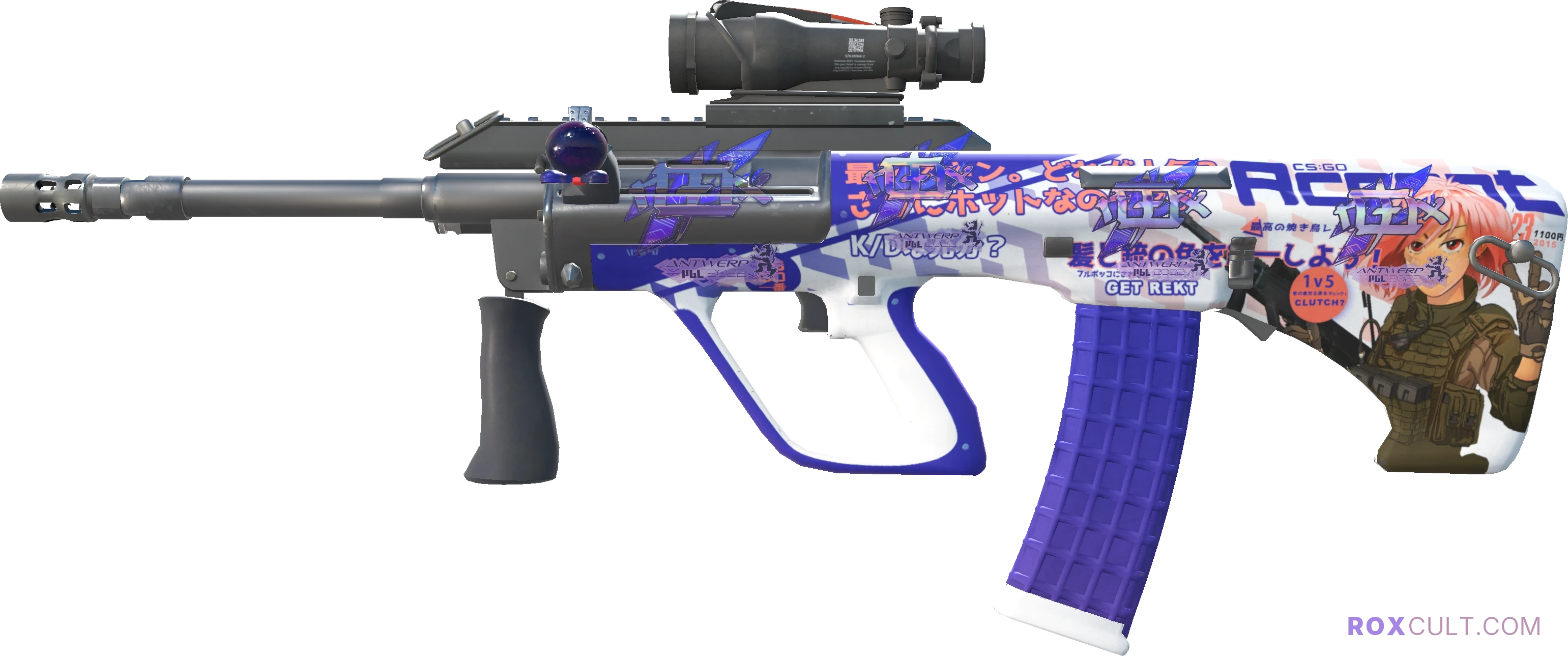 AUG | Akihabara Accept (Factory New) — rox (Holo) Antwerp 2022 craft, playside view with 4 rox (Holo) stickers