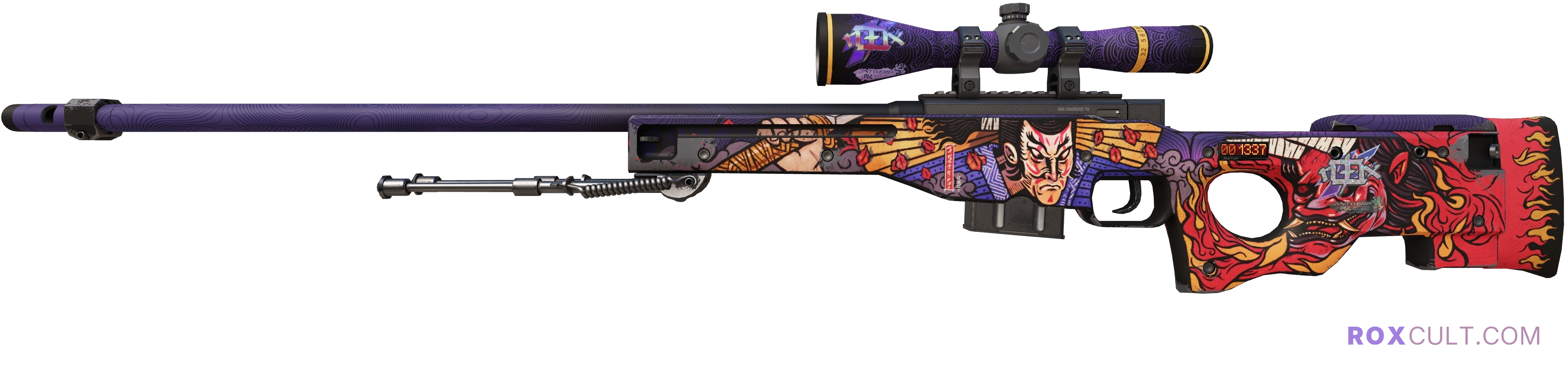 StatTrak™ AWP | Oni Taiji (Minimal Wear) — rox (Holo) Antwerp 2022 craft, playside view with 1 rox (Holo) sticker